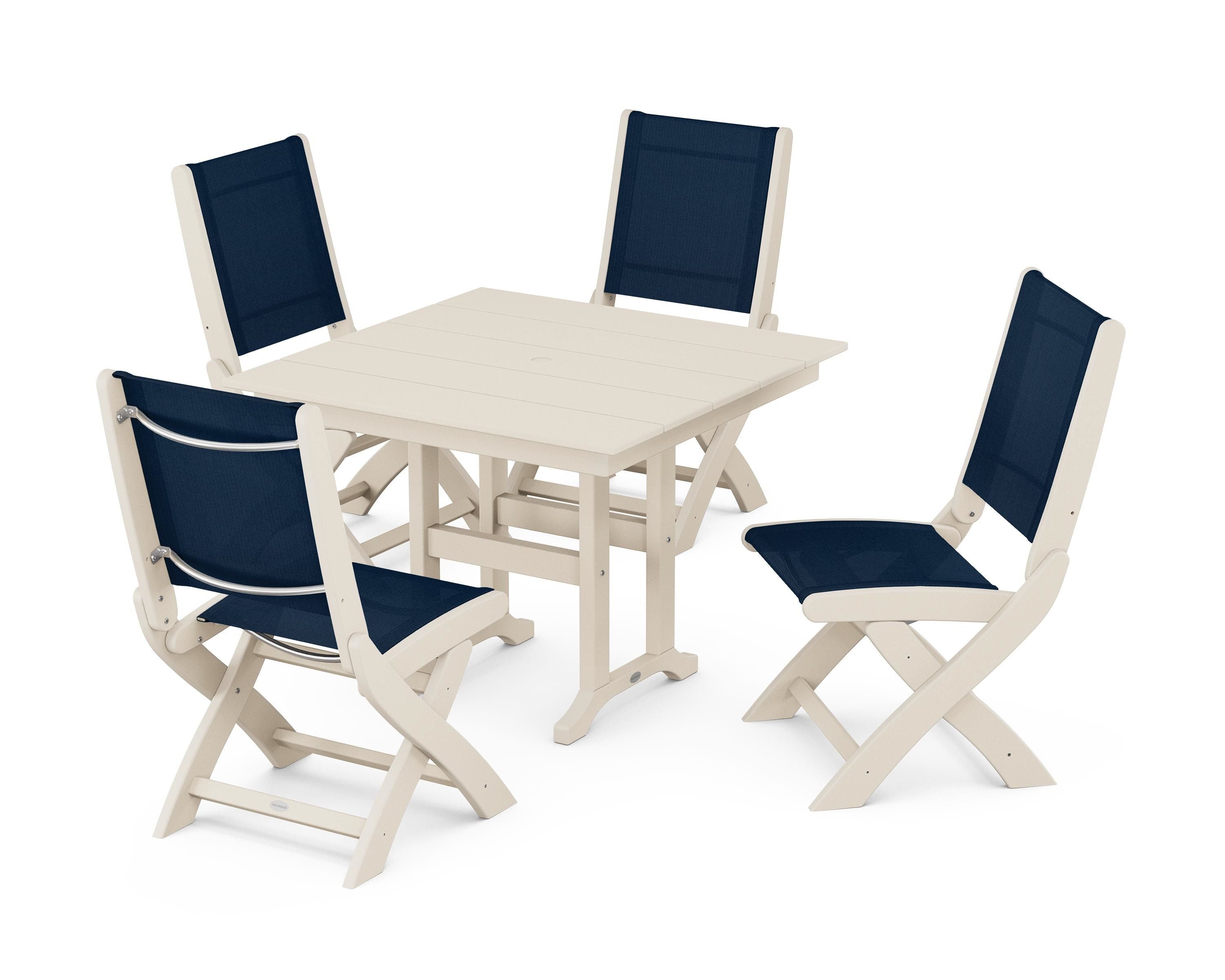 POLYWOOD Coastal Folding Side Chair 5-Piece Farmhouse Dining Set in Sand / Navy Blue Sling