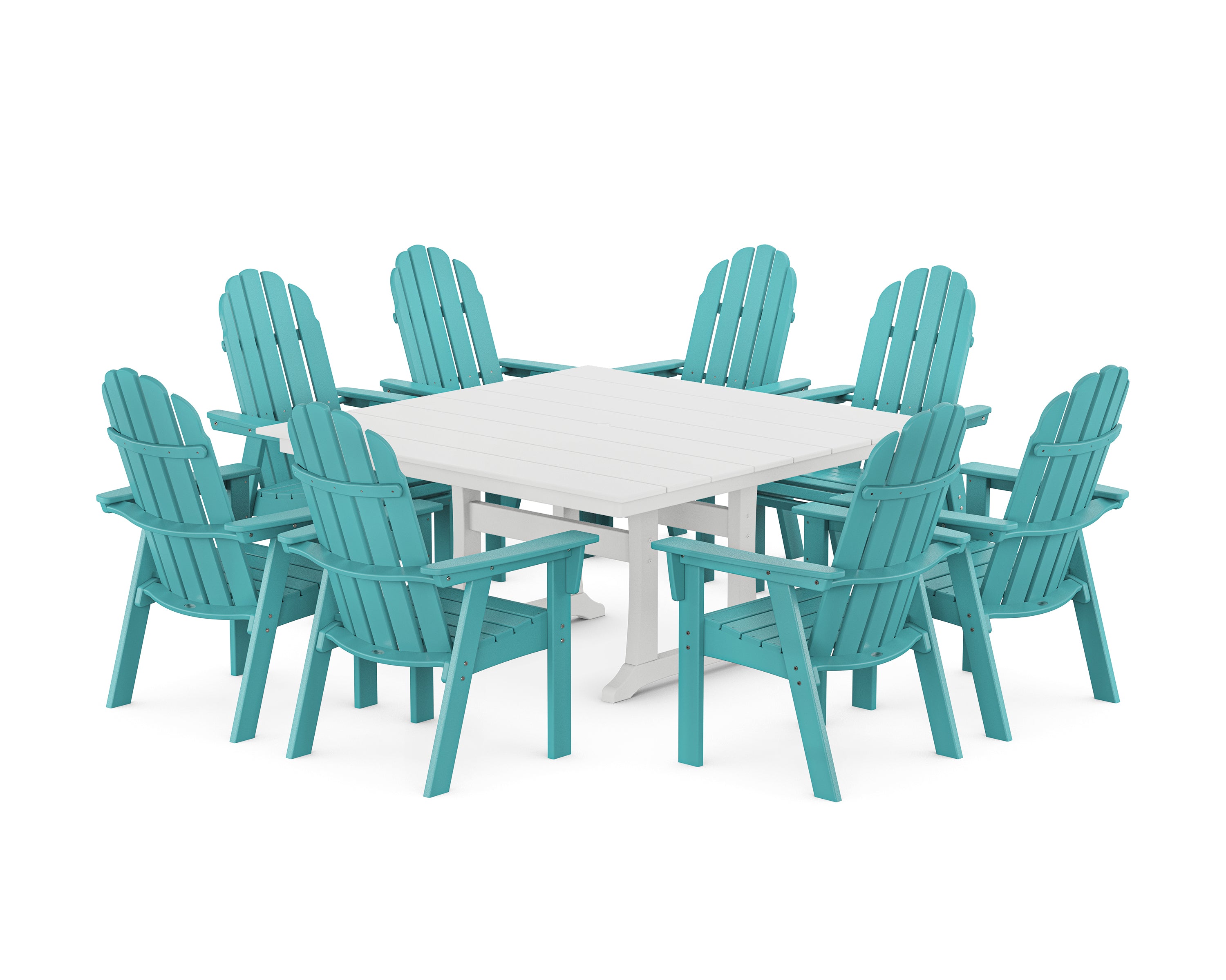 POLYWOOD Vineyard Curveback Adirondack 9-Piece Square Farmhouse Dining Set with Trestle Legs in Aruba / White