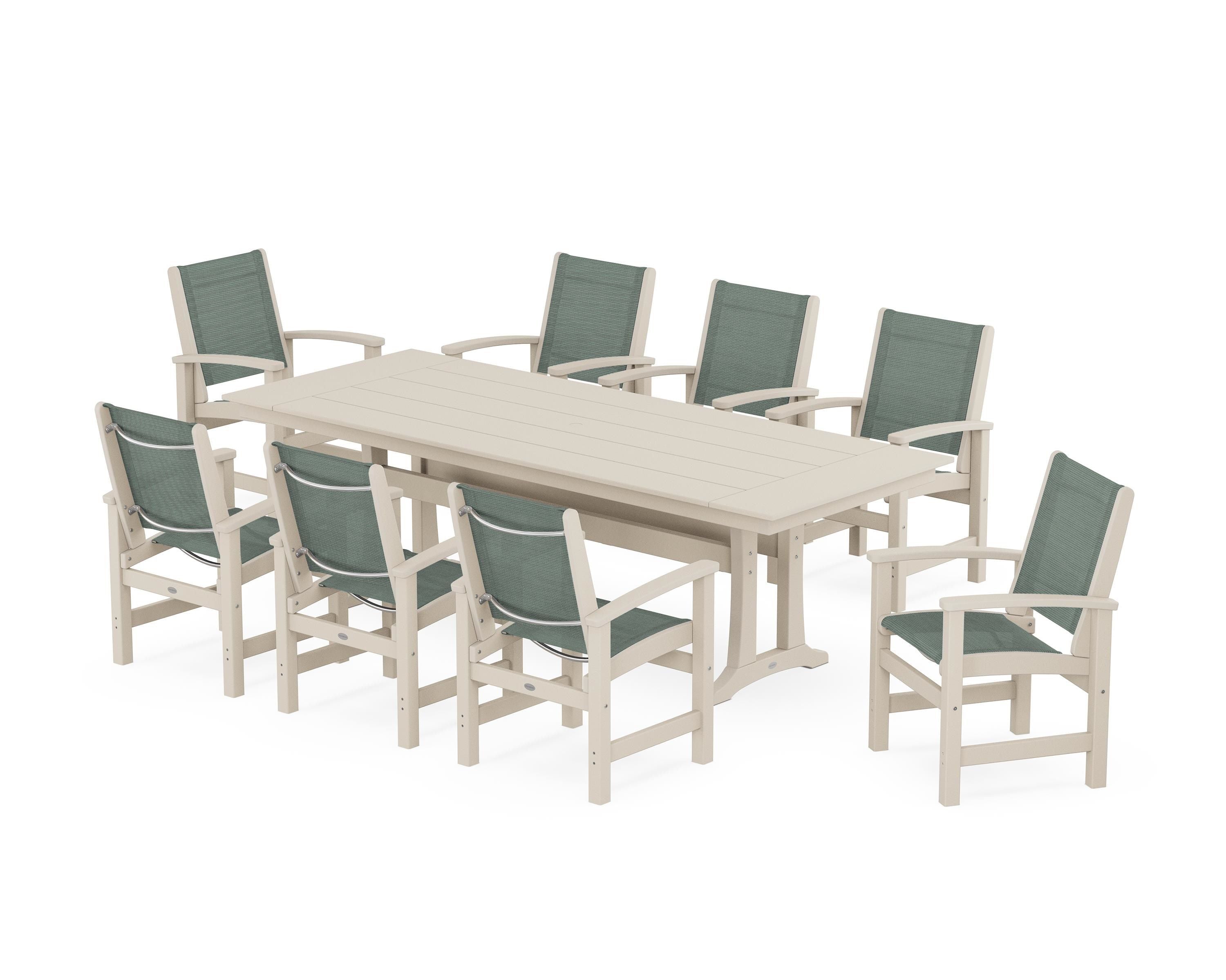POLYWOOD Coastal 9-Piece Farmhouse Dining Set with Trestle Legs in Sand / Dupioni Sea Mist Sling