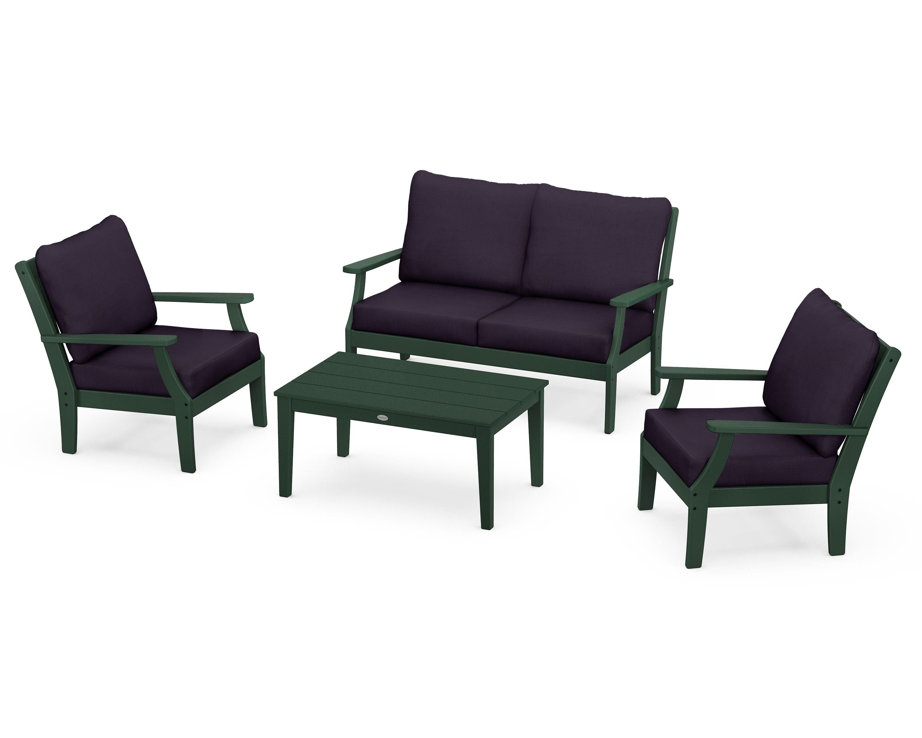 POLYWOOD Braxton 4-Piece Deep Seating Chair Set in Green / Navy Linen