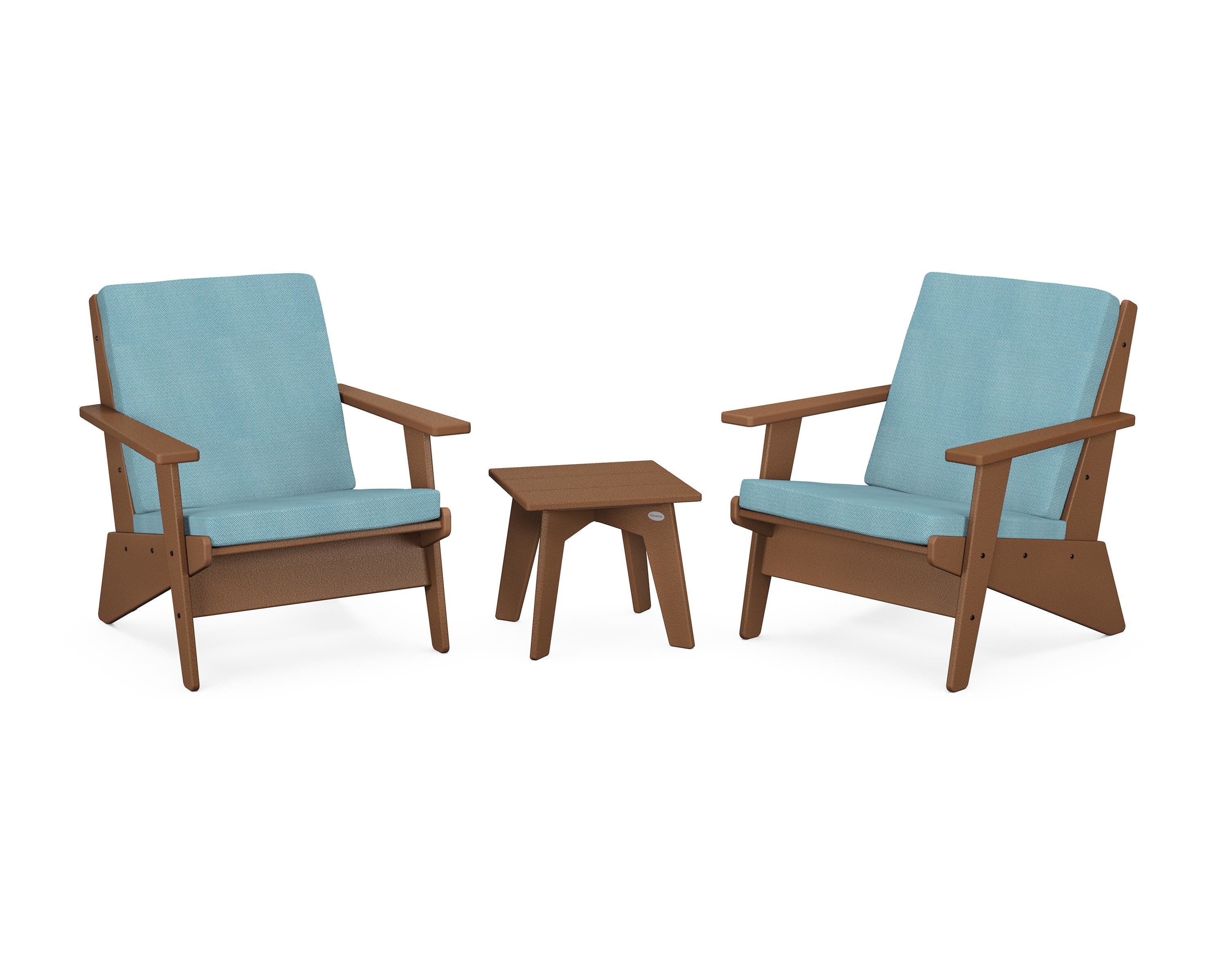 POLYWOOD Riviera Modern Lounge 3-Piece Set in Teak / Lattice Sky Blue