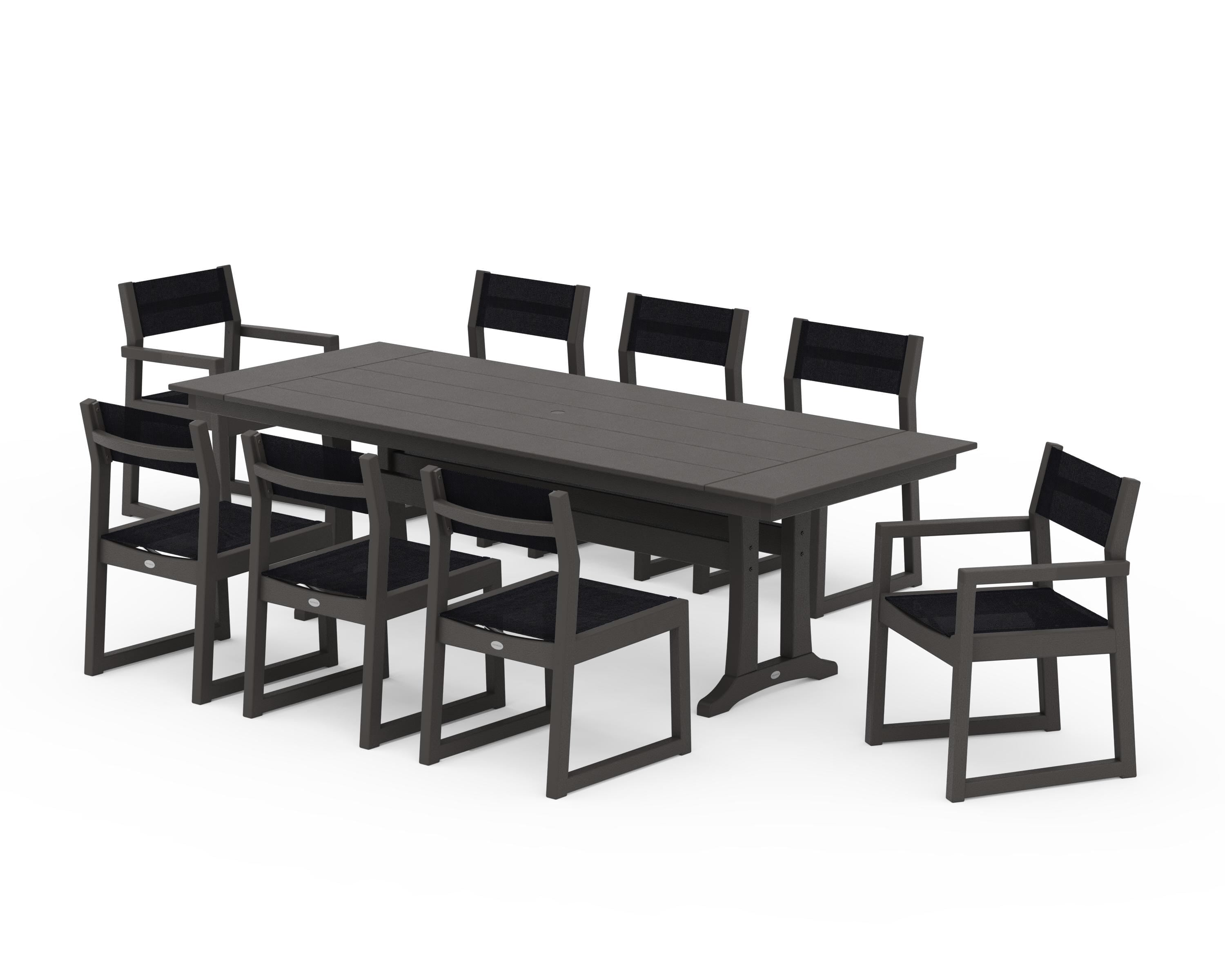 POLYWOOD EDGE Sling 9-Piece Farmhouse Trestle Dining Set in Vintage Coffee / Black Sling