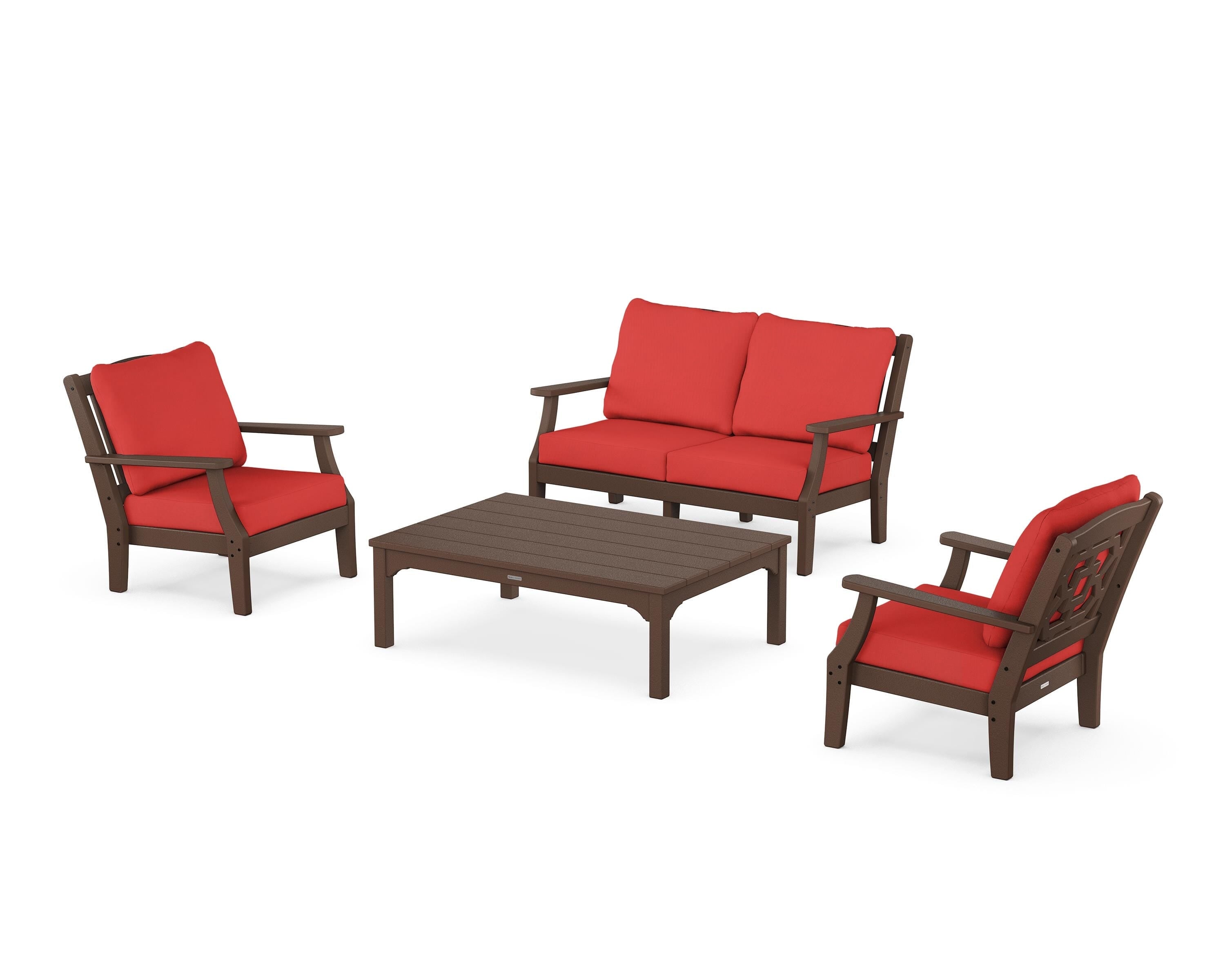 Martha Stewart by POLYWOOD Chinoiserie 4-Piece Deep Seating Set with Loveseat in Mahogany / Crimson Linen