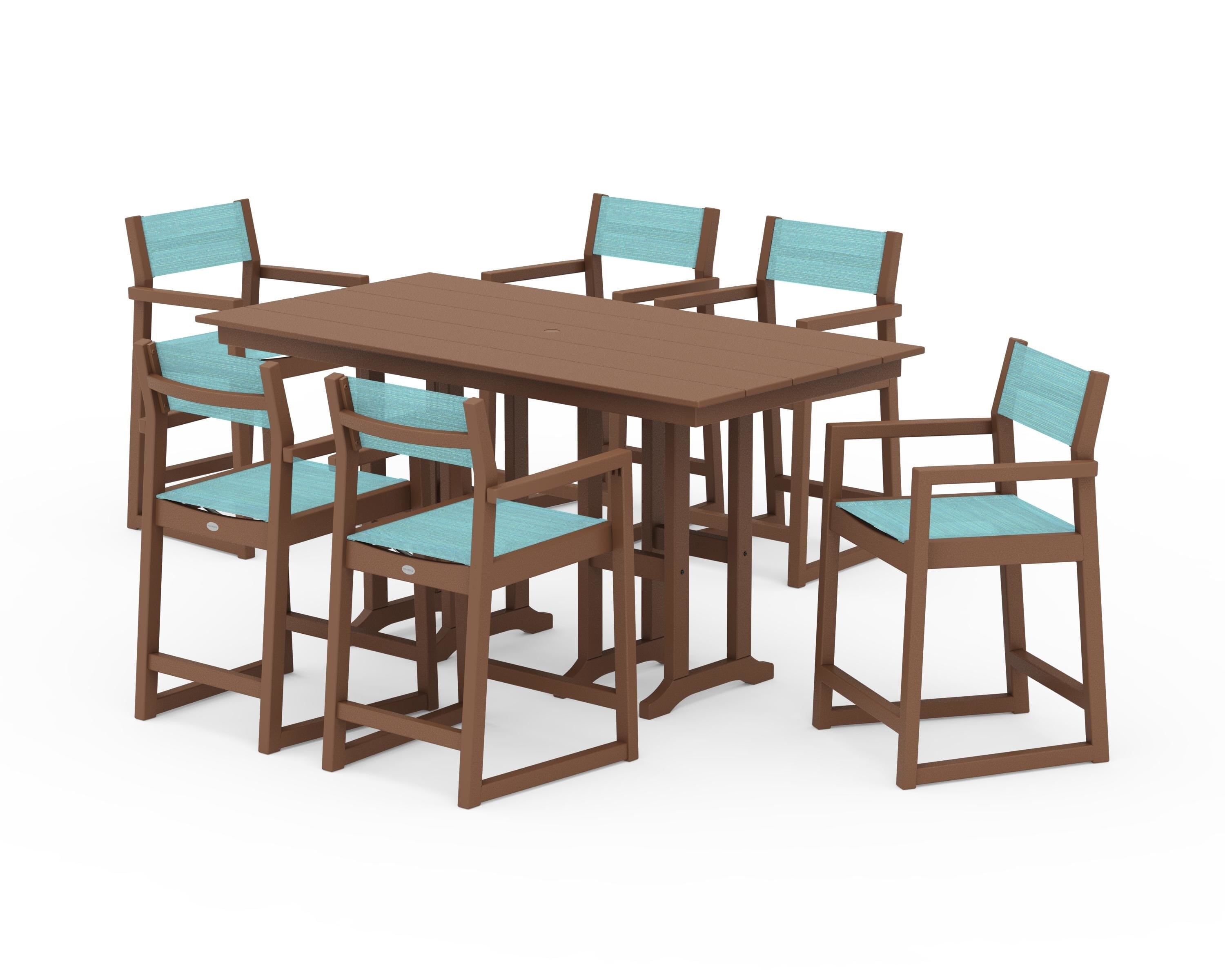 POLYWOOD EDGE Sling Arm Chair 7-Piece Farmhouse Counter Set in Teak / Dupioni Aquamarine Sling