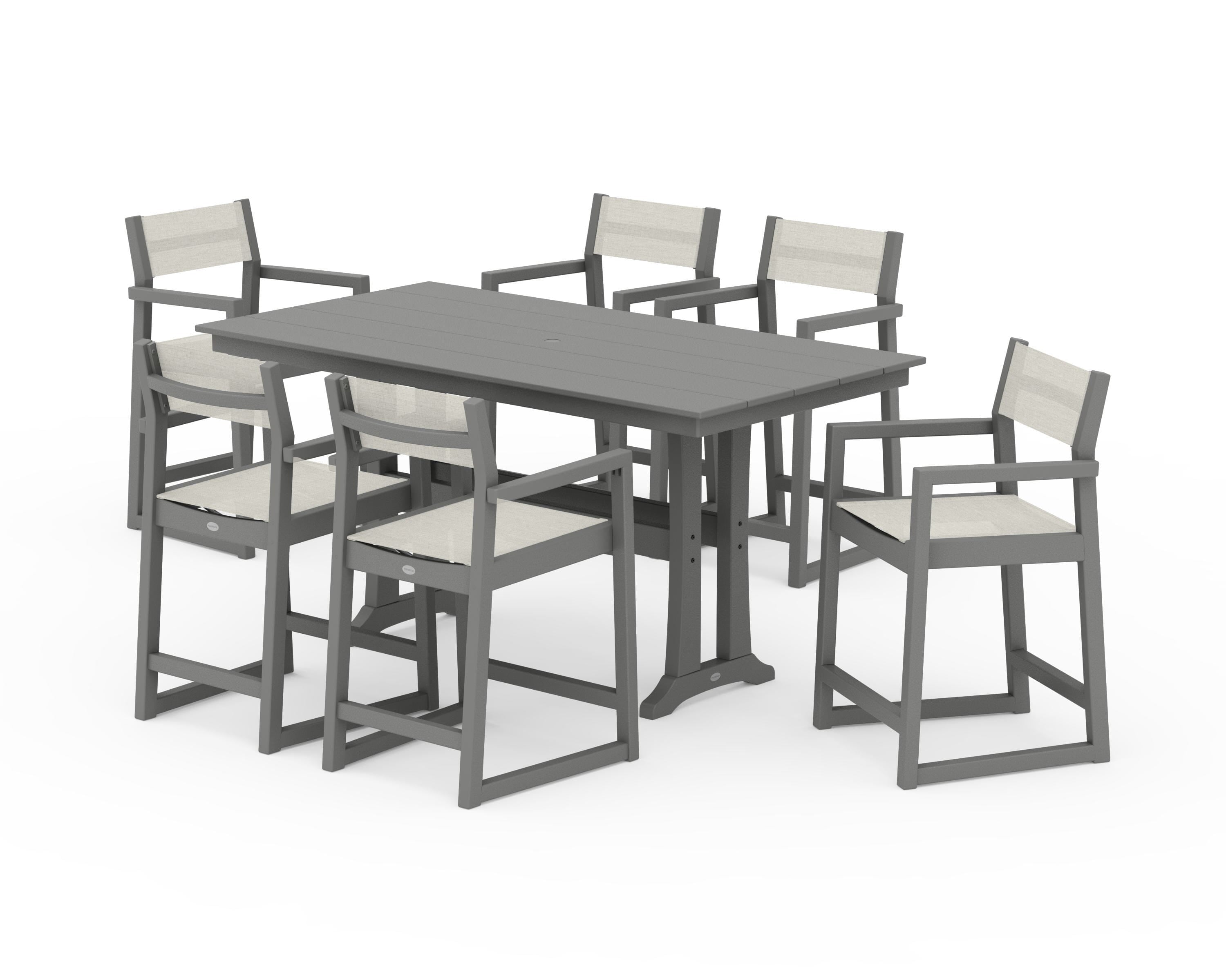 POLYWOOD EDGE Sling Arm Chair 7-Piece Farmhouse Counter Set with Trestle Legs in Slate Grey / Parchment Sling