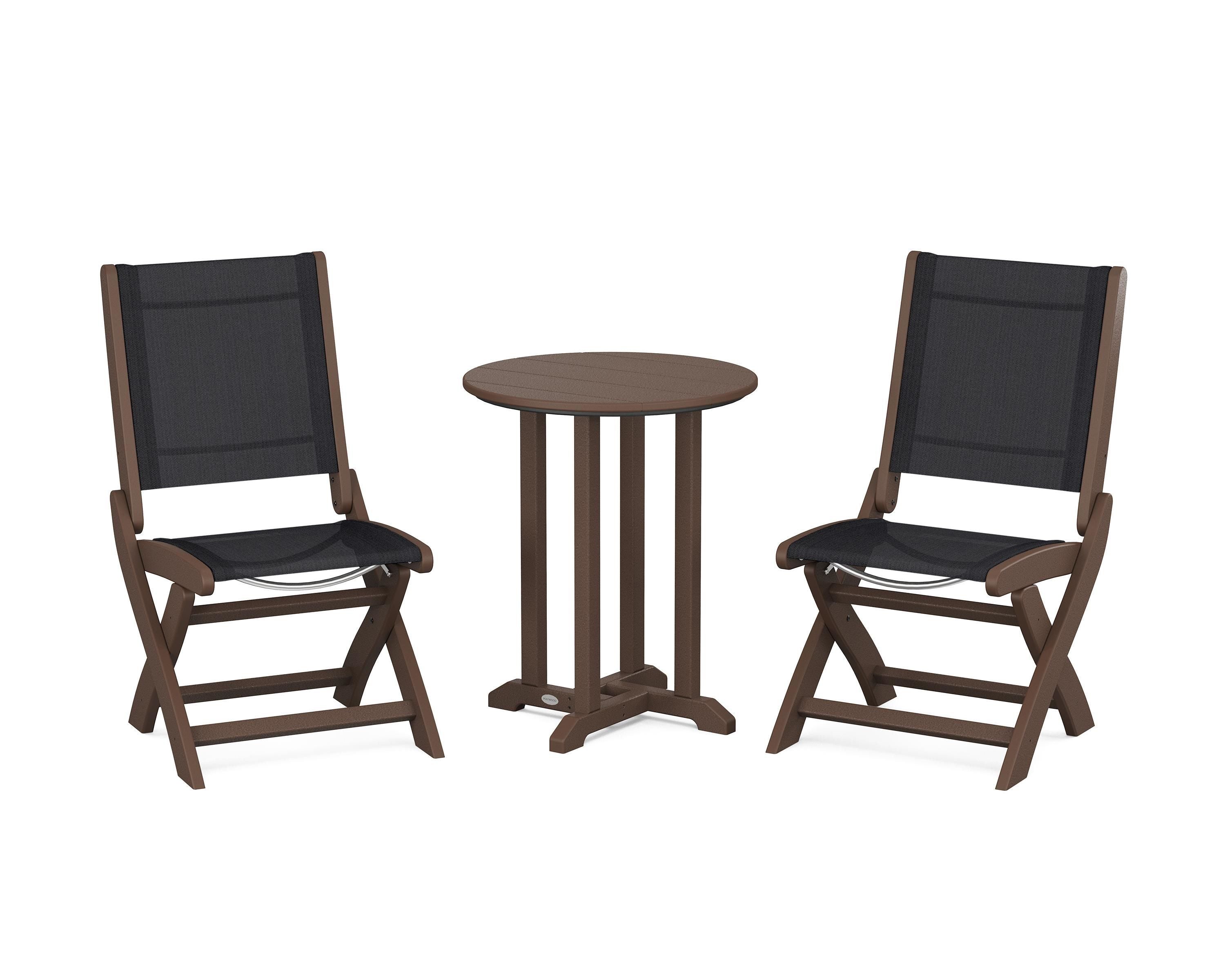POLYWOOD Coastal Folding Side Chair 3-Piece Round Bistro Dining Set in Mahogany / Black Sling