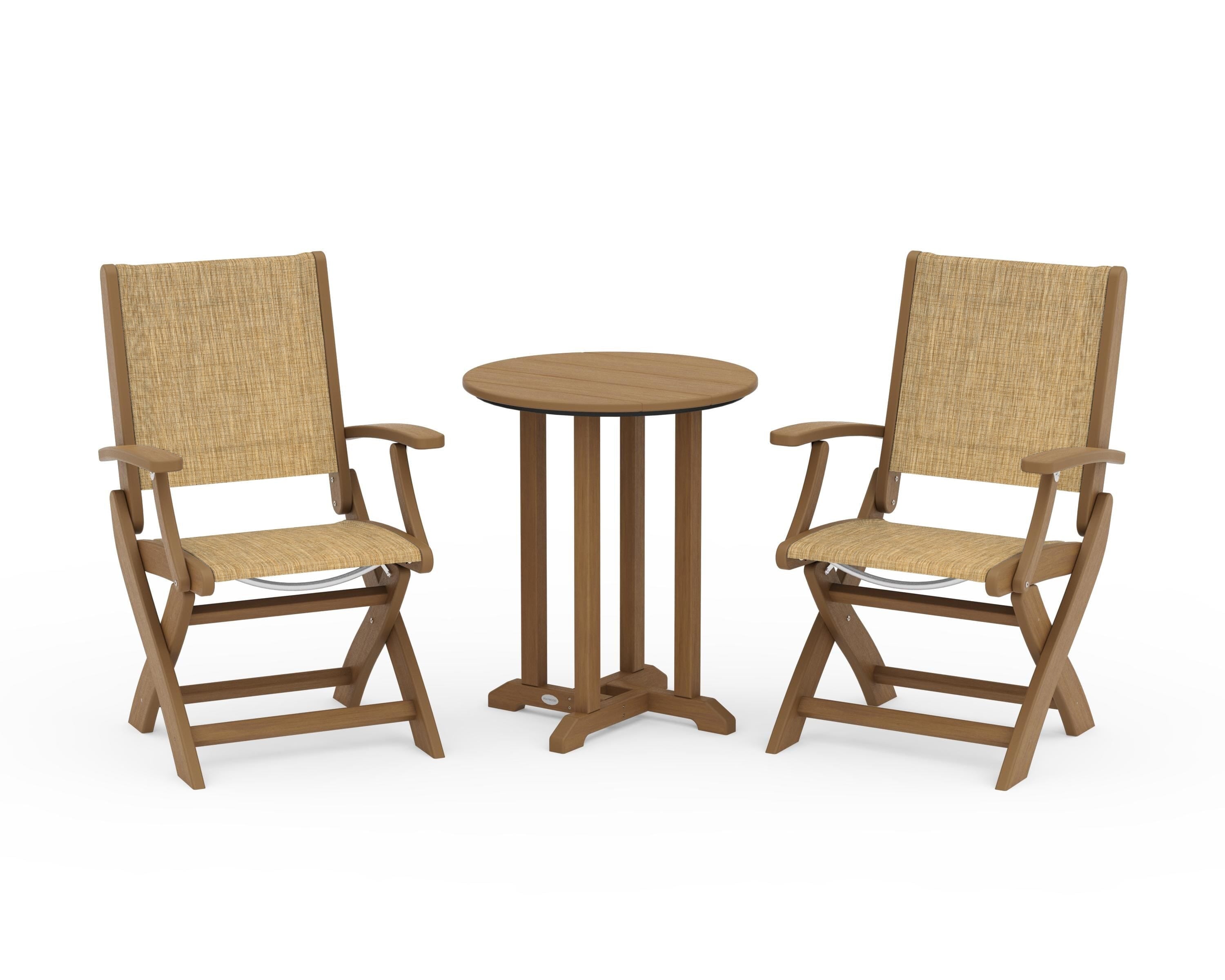 POLYWOOD Coastal Folding 3-Piece Round Bistro Dining Set in Natural / Burlap Sling