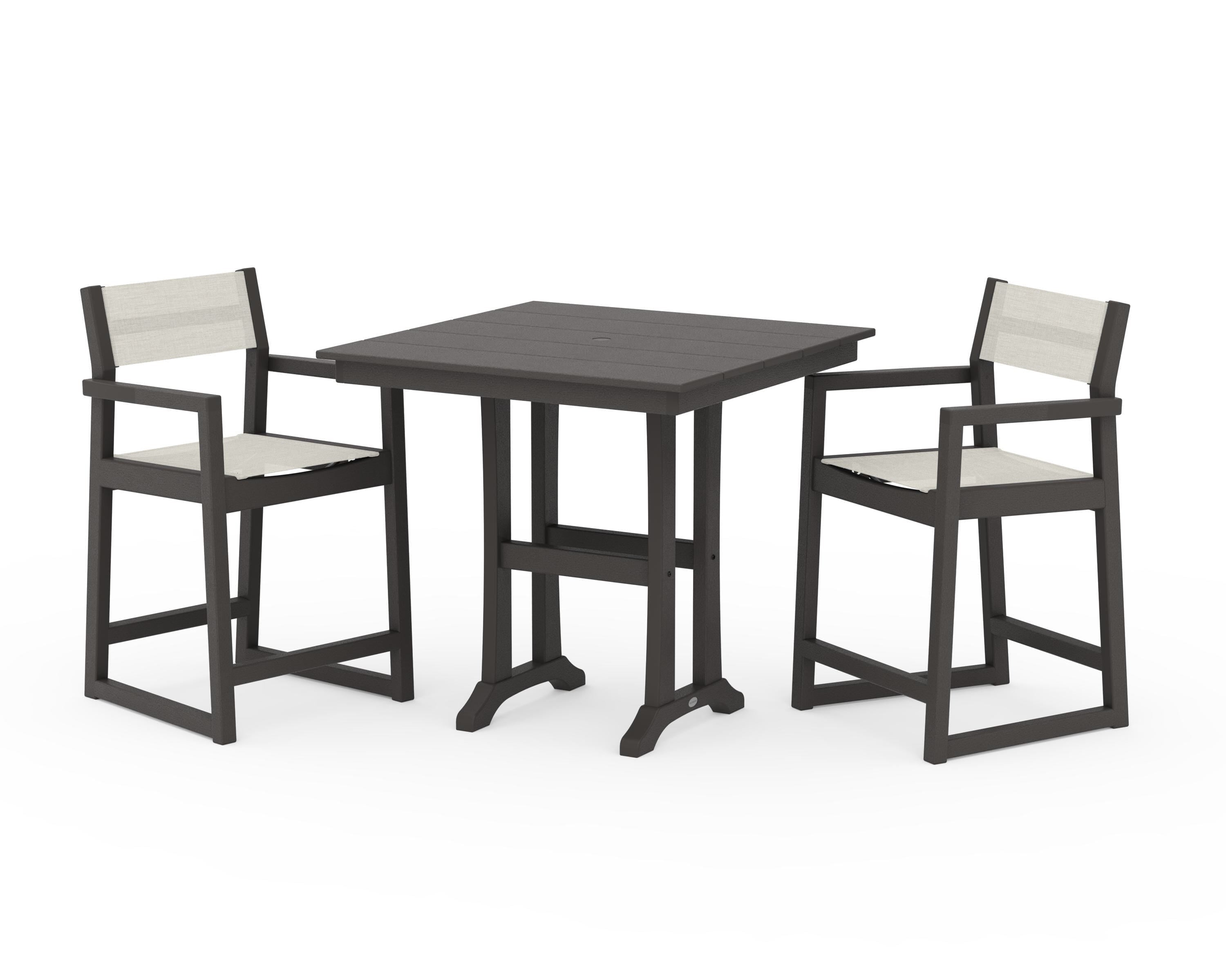 POLYWOOD EDGE Sling Arm Chair 3-Piece Farmhouse Counter Set with Trestle Legs in Vintage Coffee / Parchment Sling