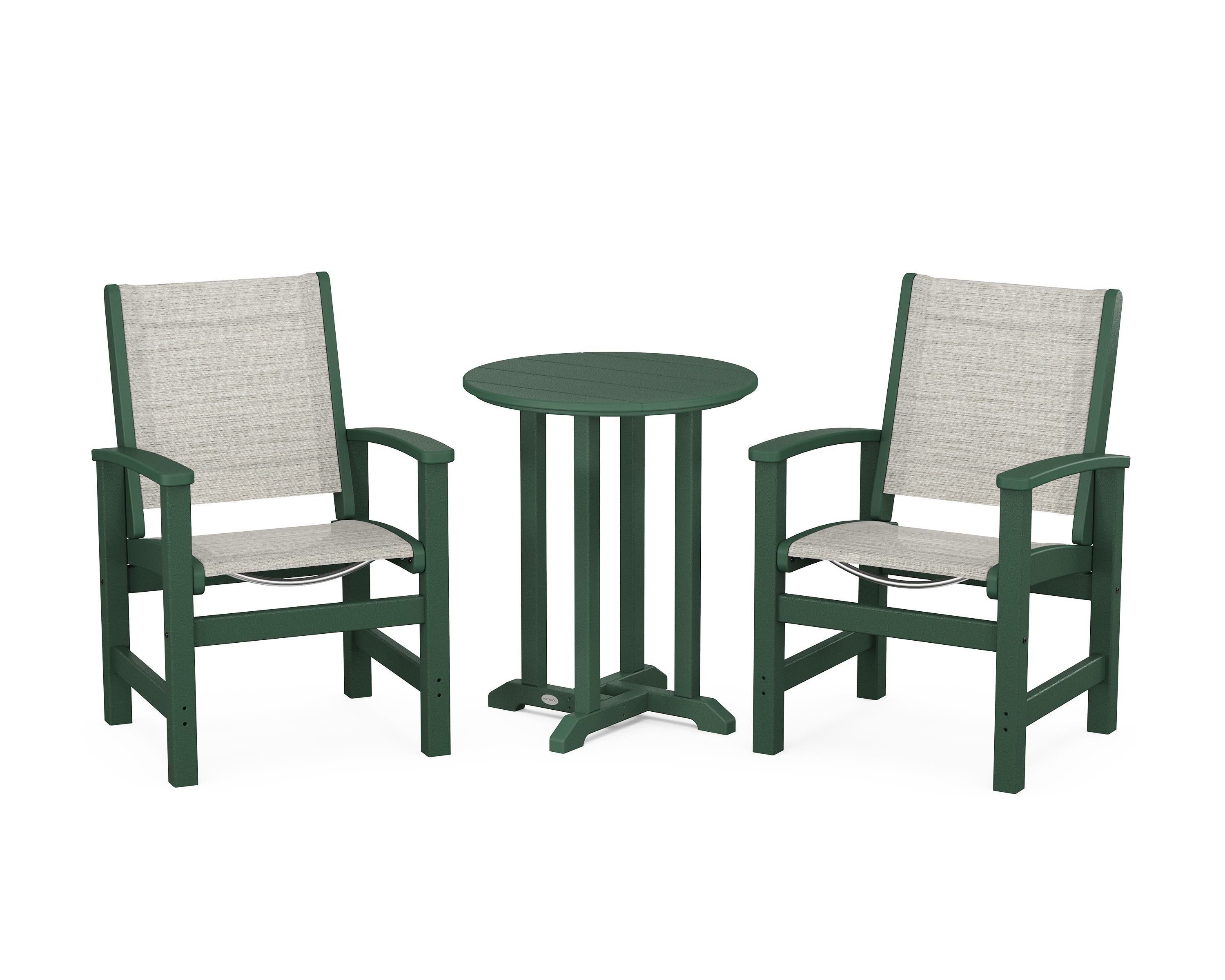 POLYWOOD Coastal 3-Piece Round Bistro Dining Set in Green / Birch Sling