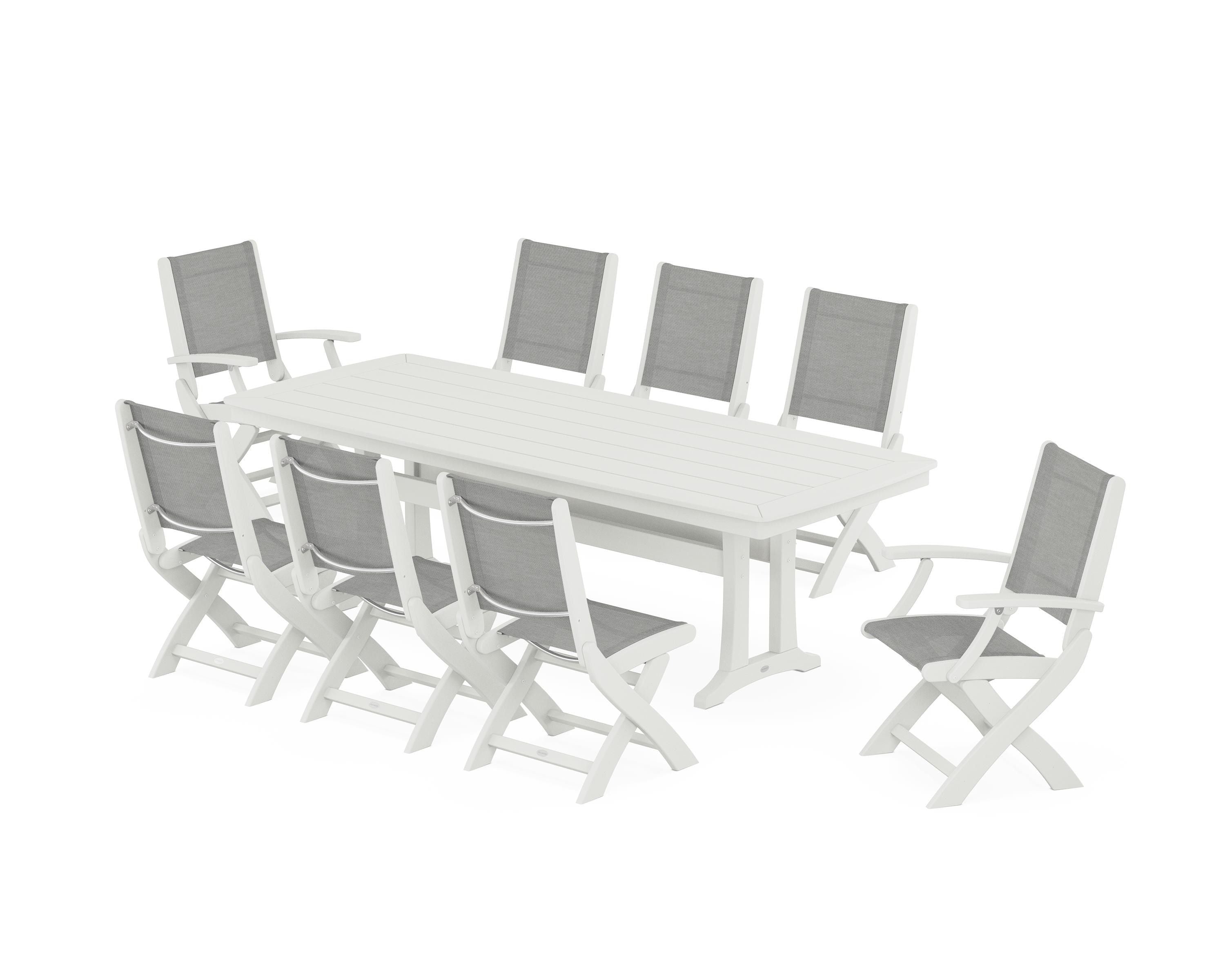 POLYWOOD Coastal Folding 9-Piece Dining Set with Trestle Legs in Vintage White / Metallic Sling