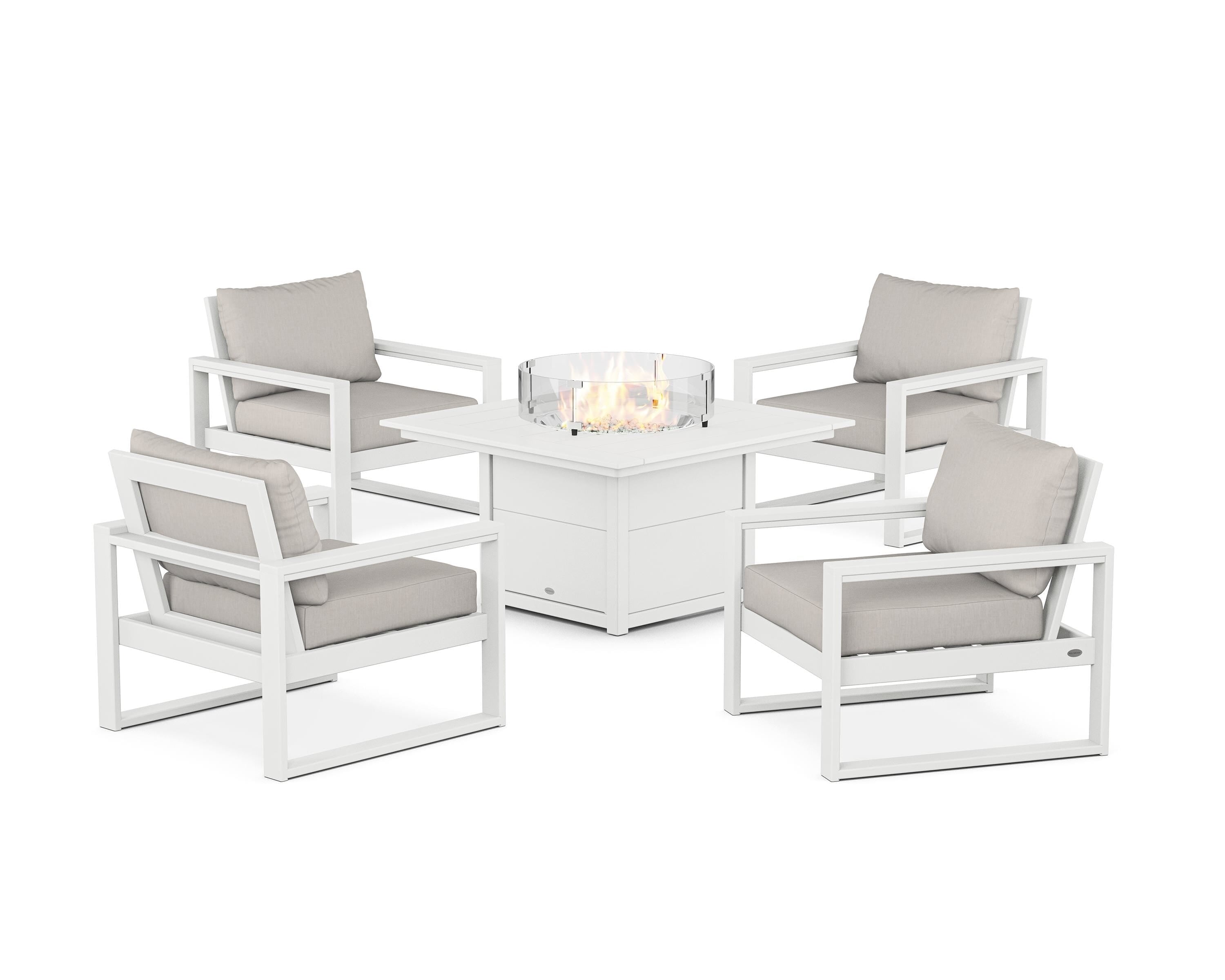 POLYWOOD EDGE Sectional 5-Piece Deep Seating Set with Fire Pit Table in White / Cast Ash