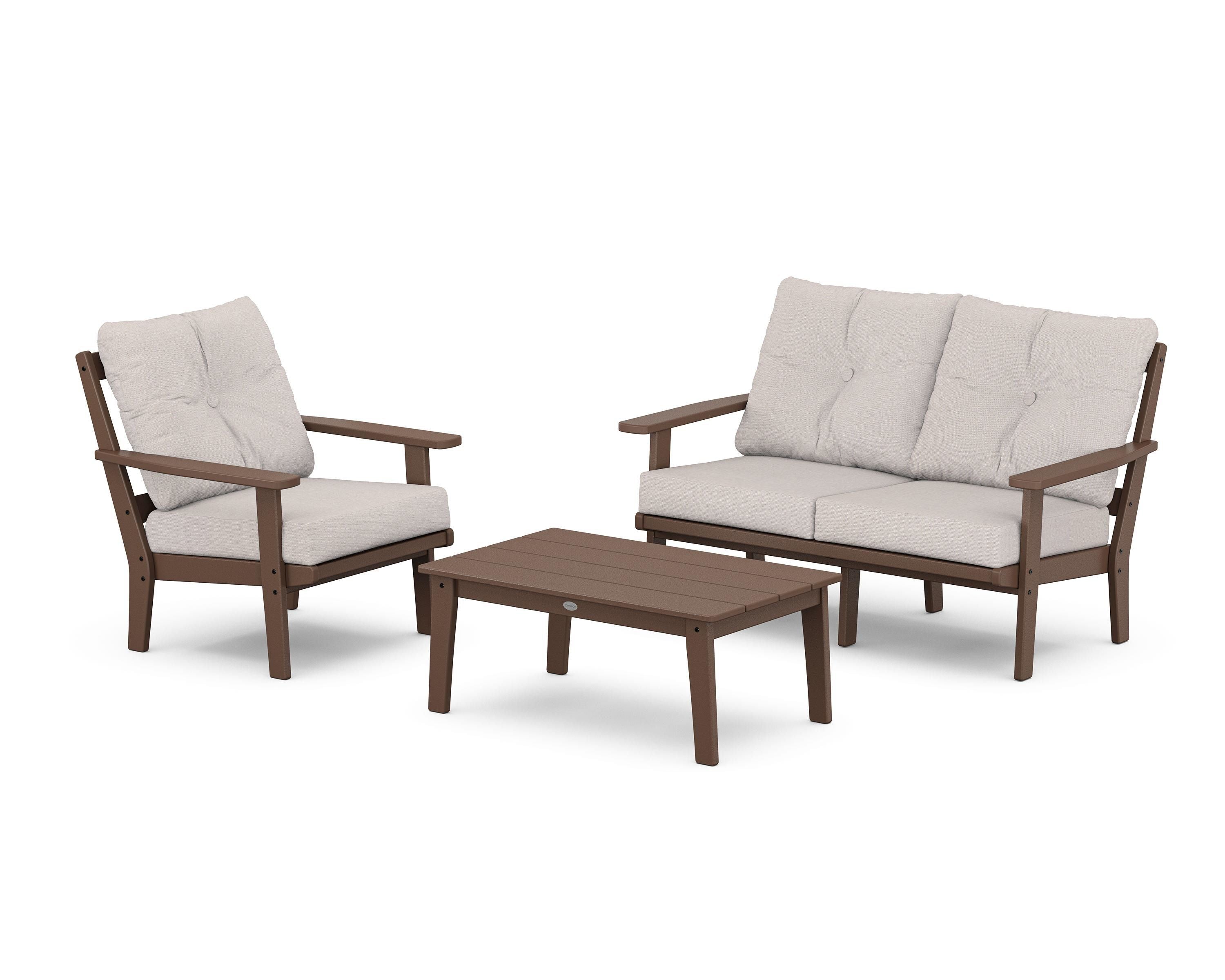 POLYWOOD Oxford 3-Piece Deep Seating Set with Loveseat in Mahogany / Dune Burlap