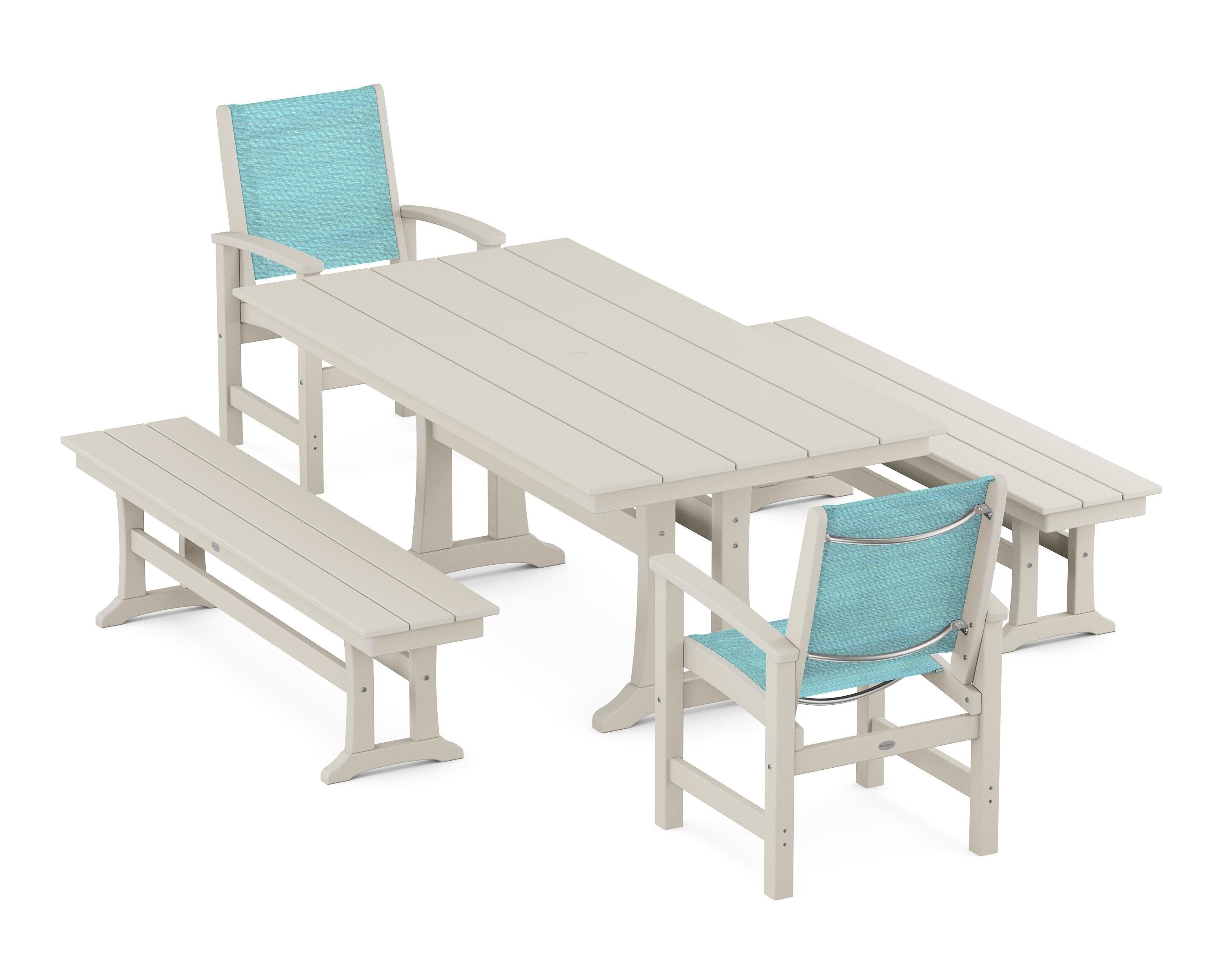 POLYWOOD Coastal 5-Piece Farmhouse Dining Set with Trestle Legs and Benches in Sand / Dupioni Aquamarine Sling
