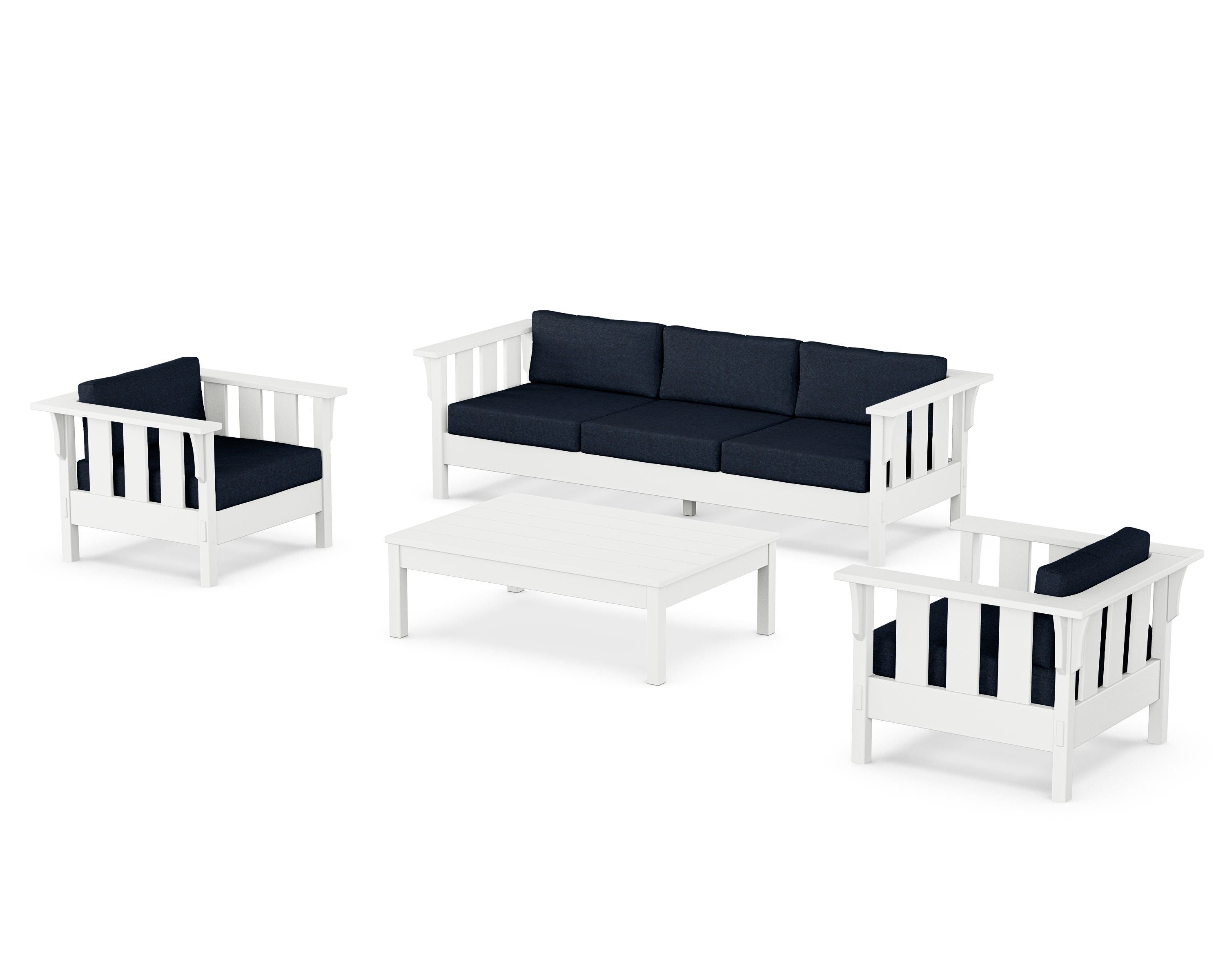 Martha Stewart by POLYWOOD Acadia 4-Piece Deep Seating Set with Sofa in White / Marine Indigo