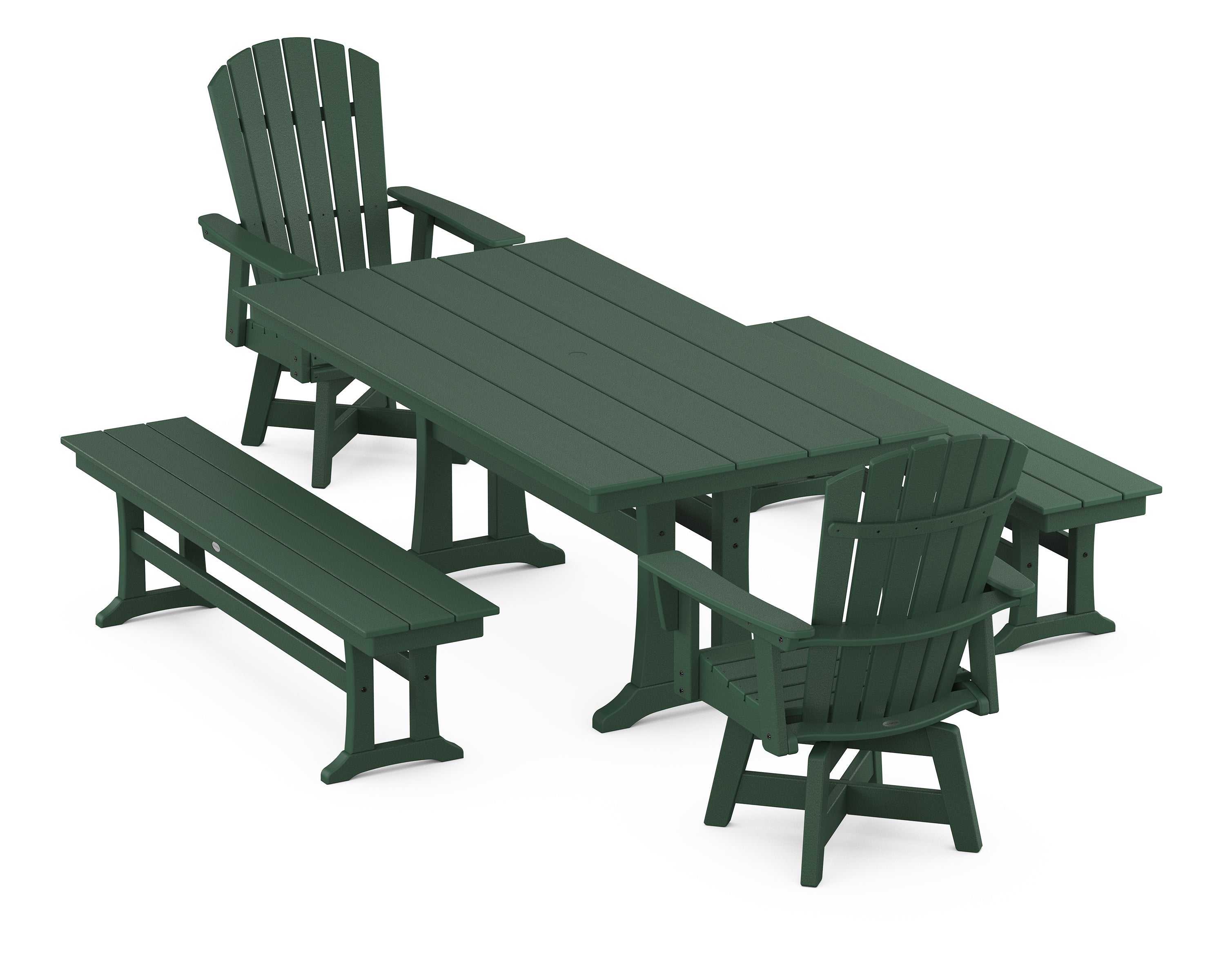 POLYWOOD® Nautical Curveback Adirondack Swivel Chair 5-Piece Farmhouse Dining Set With Trestle Legs and Benches in Green