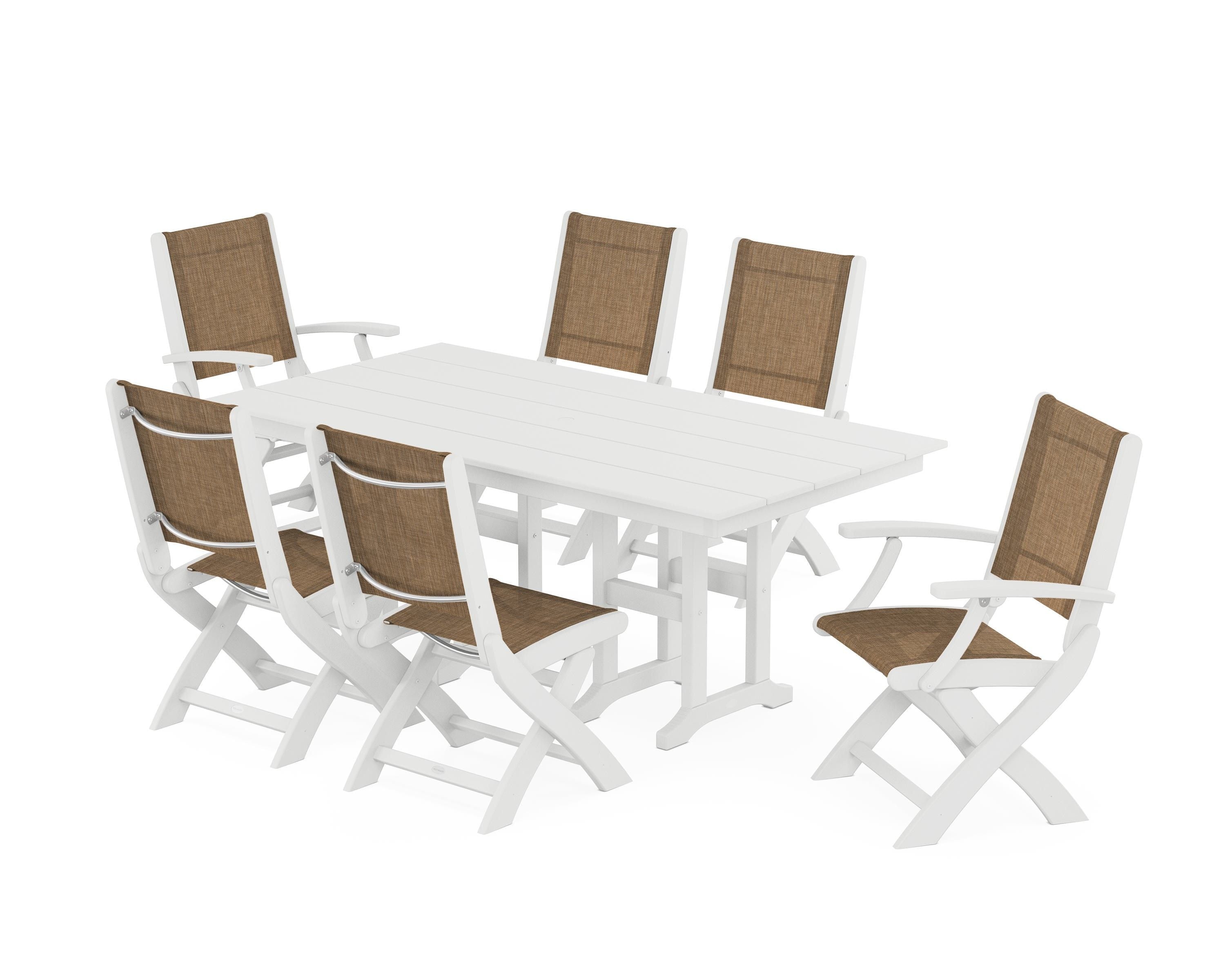 POLYWOOD Coastal Folding Chair 7-Piece Farmhouse Dining Set in White / Burlap Sling