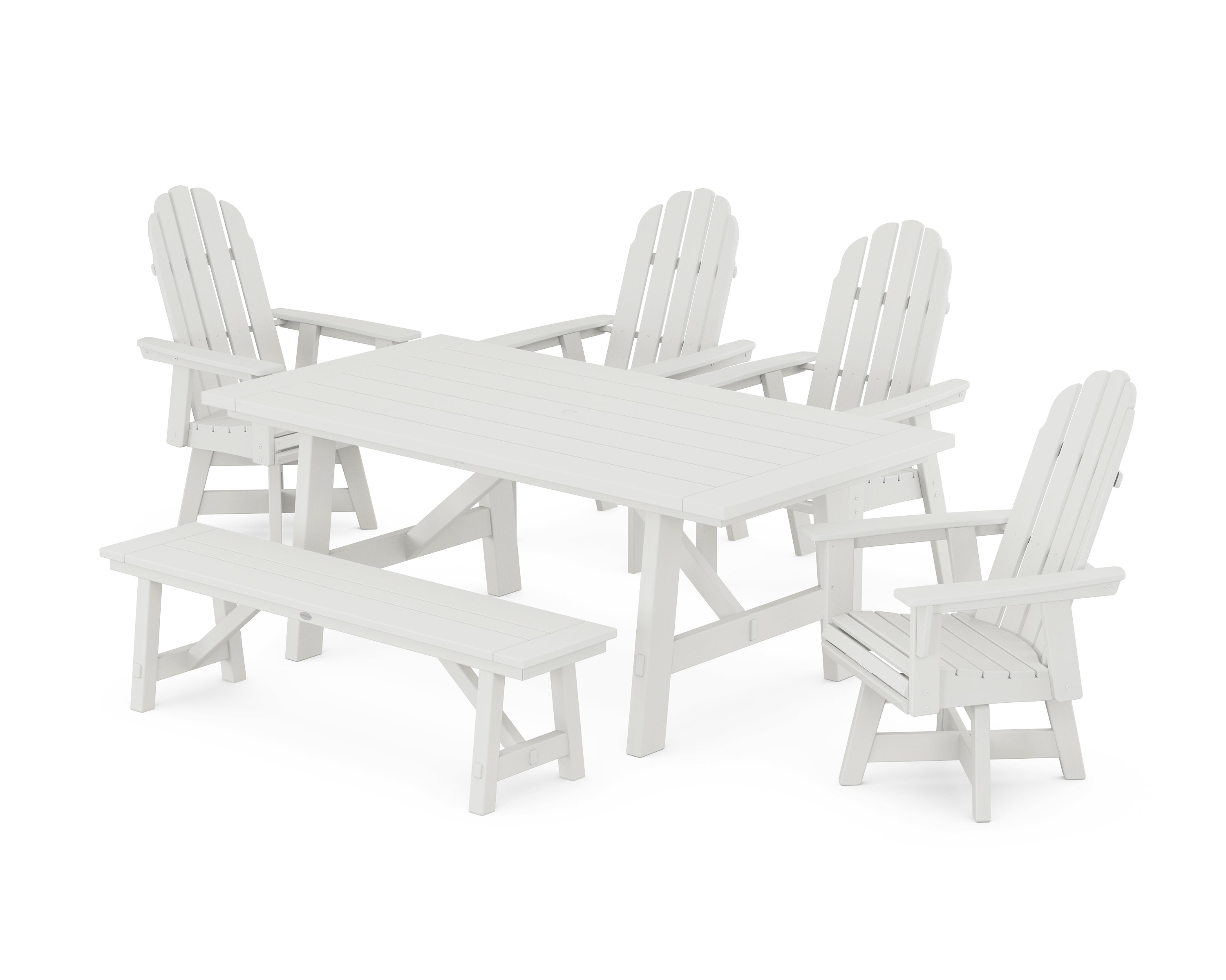 POLYWOOD® Vineyard Curveback Adirondack Swivel Chair 6-Piece Rustic Farmhouse Dining Set With Bench in Vintage White