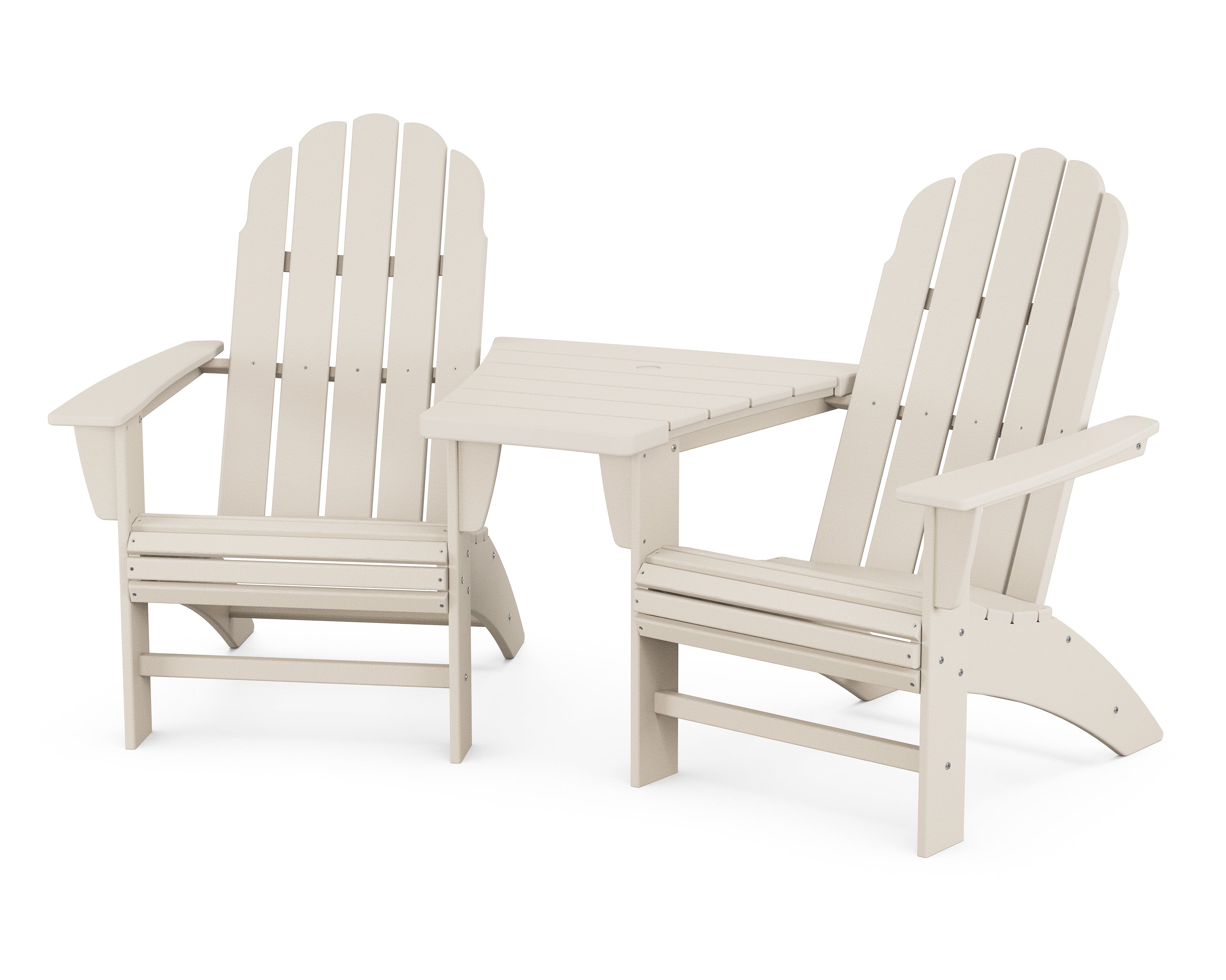 POLYWOOD® Vineyard 3-Piece Curveback Adirondack Set with Angled Connecting Table in Sand