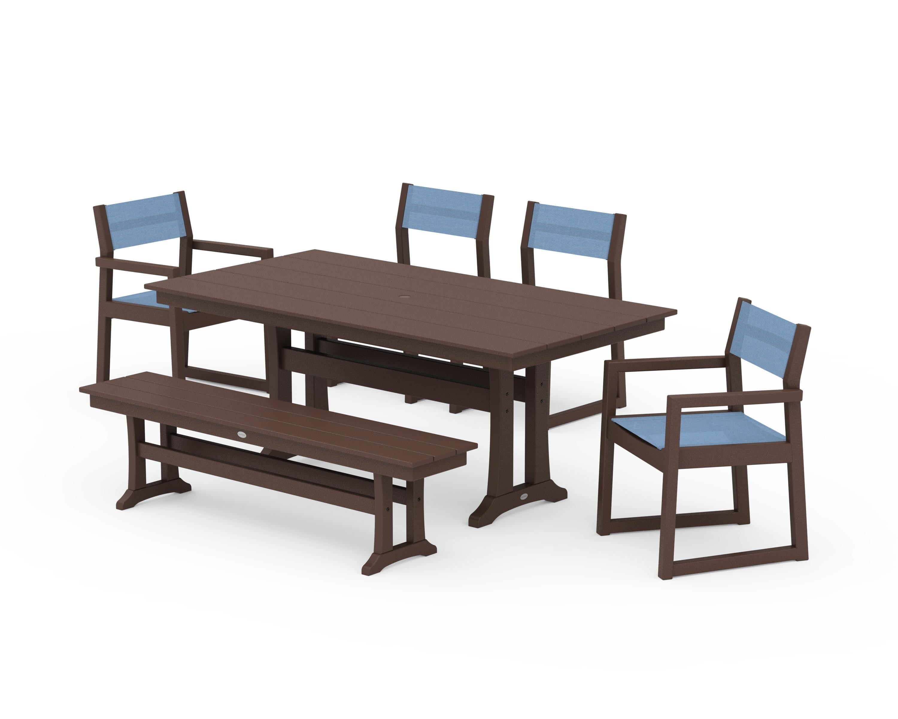 POLYWOOD EDGE Sling 6-Piece Farmhouse Dining Set With Trestle Legs in Mahogany / Poolside Sling