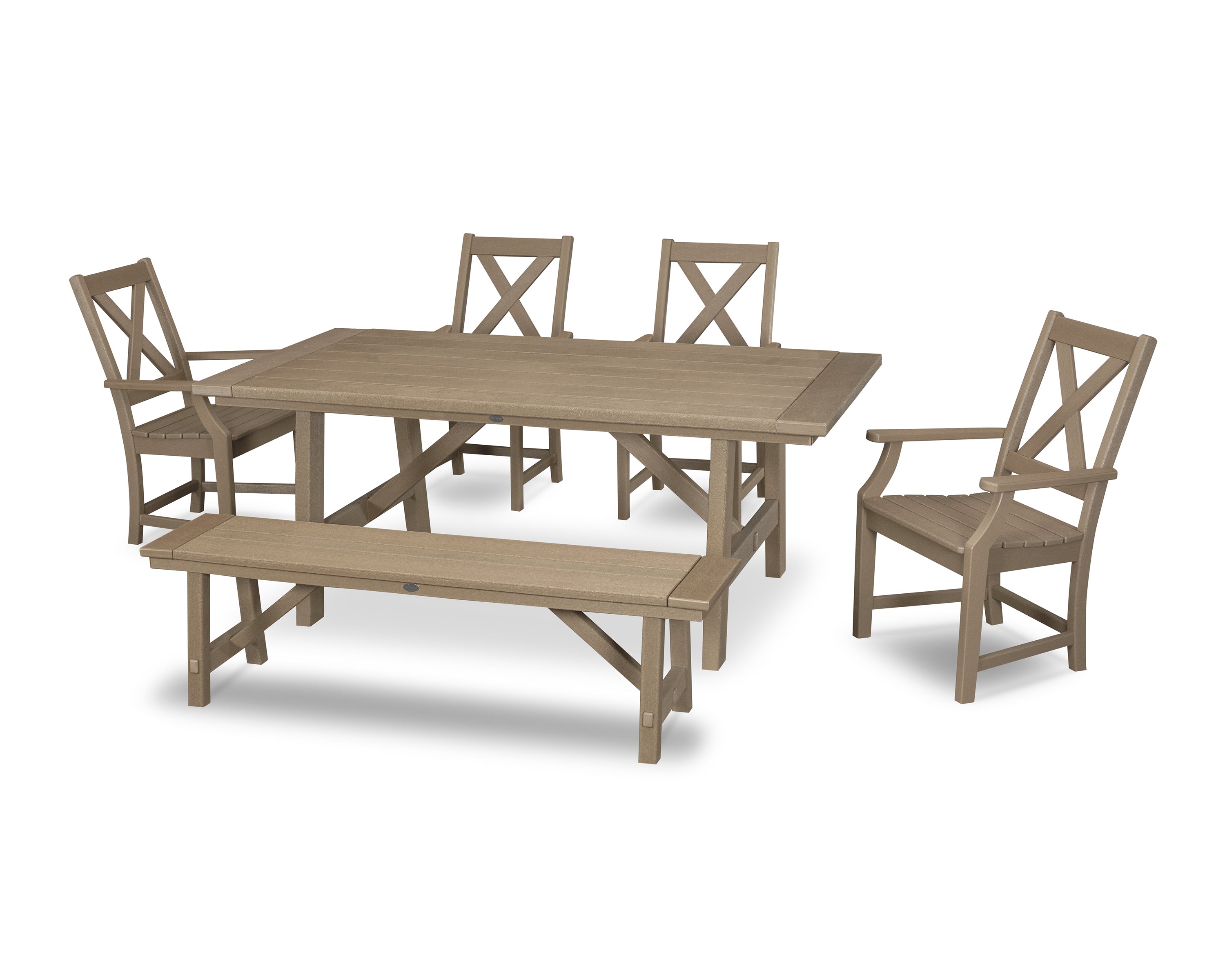 POLYWOOD® Braxton 6-Piece Rustic Farmhouse Arm Chair Dining Set with Bench in Vintage Sahara