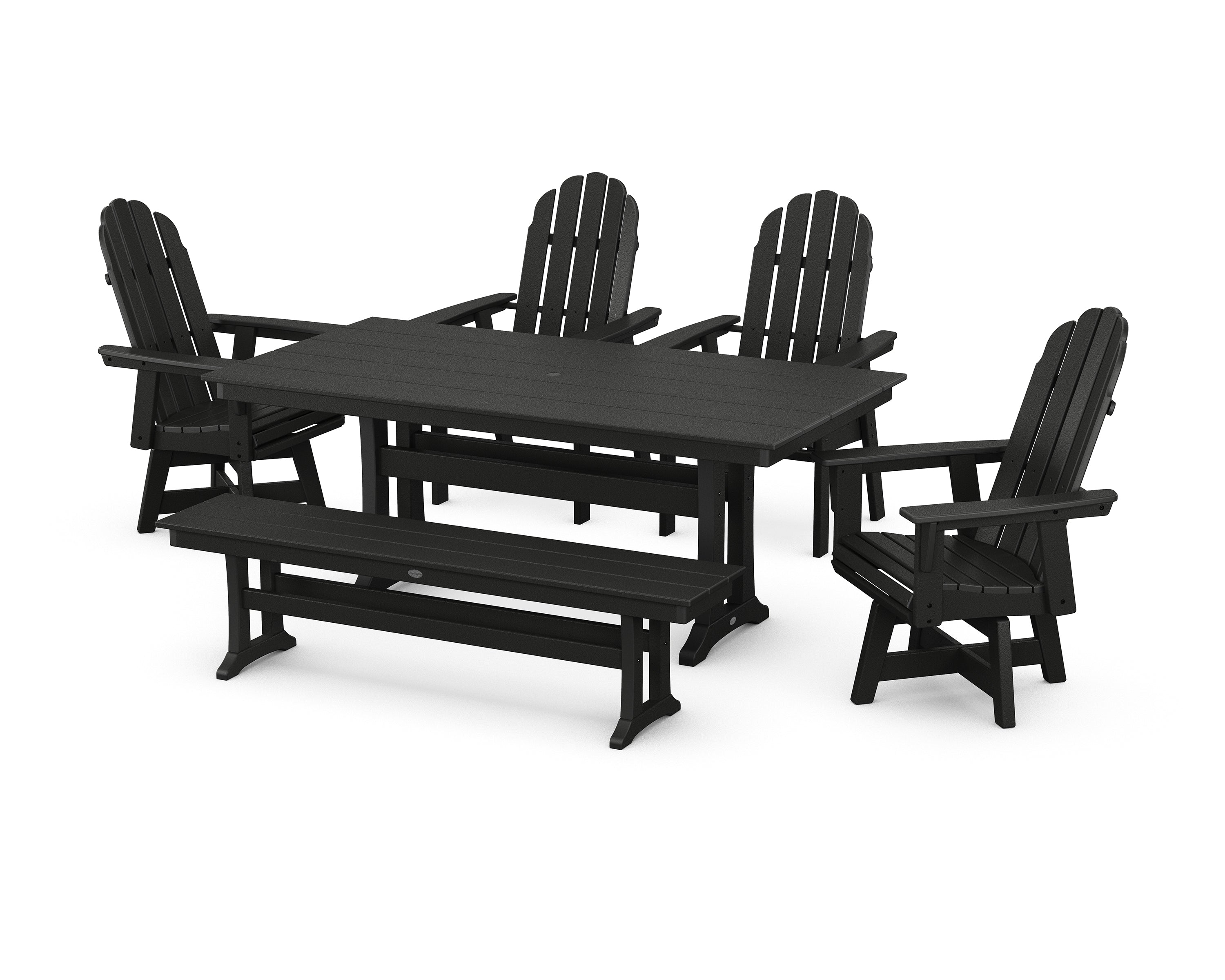 POLYWOOD® Vineyard Curveback Adirondack 6-Piece Swivel Chair Farmhouse Dining Set with Trestle Legs and Bench in Black