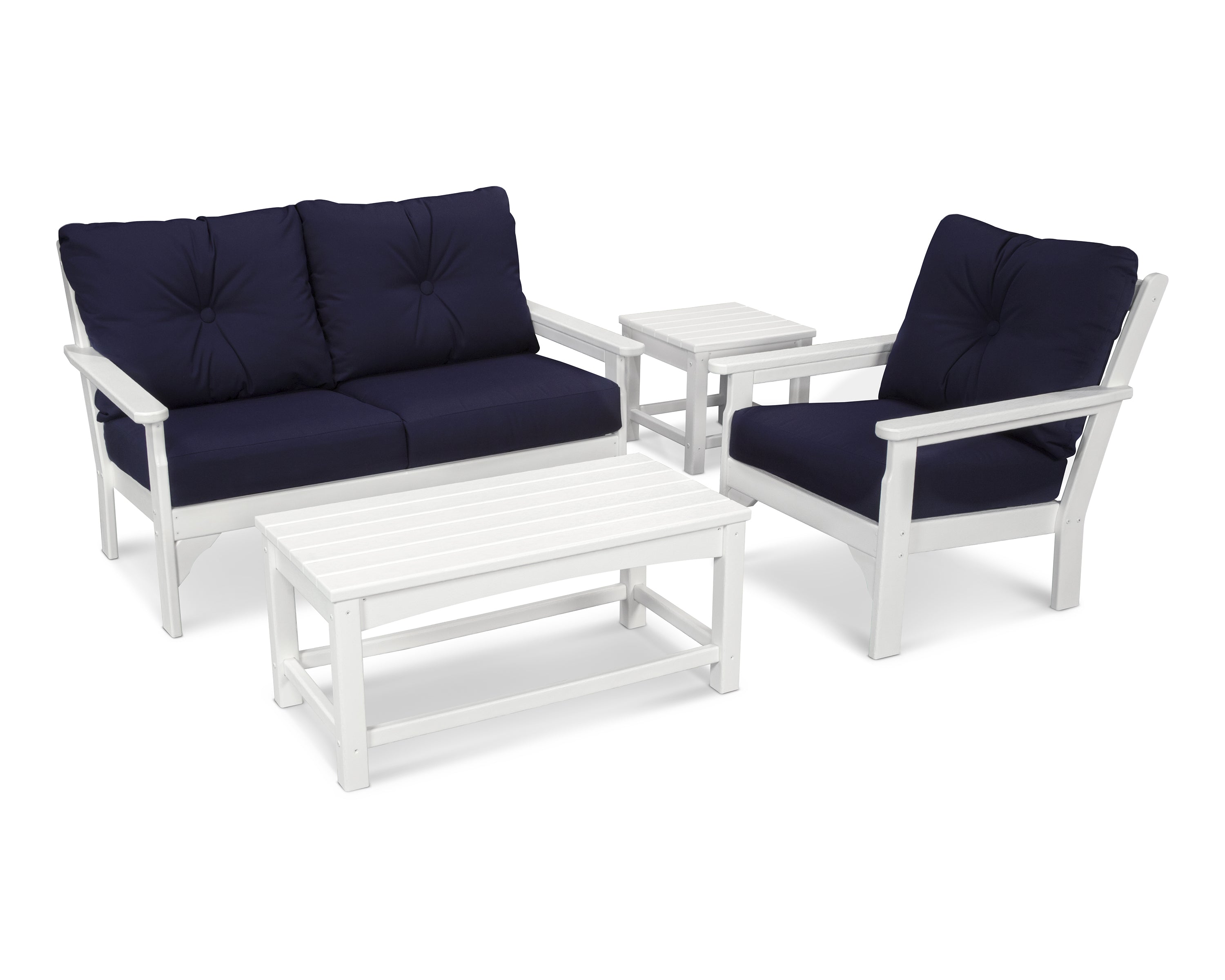 POLYWOOD Vineyard 4 Piece Deep Seating Set in White / Navy