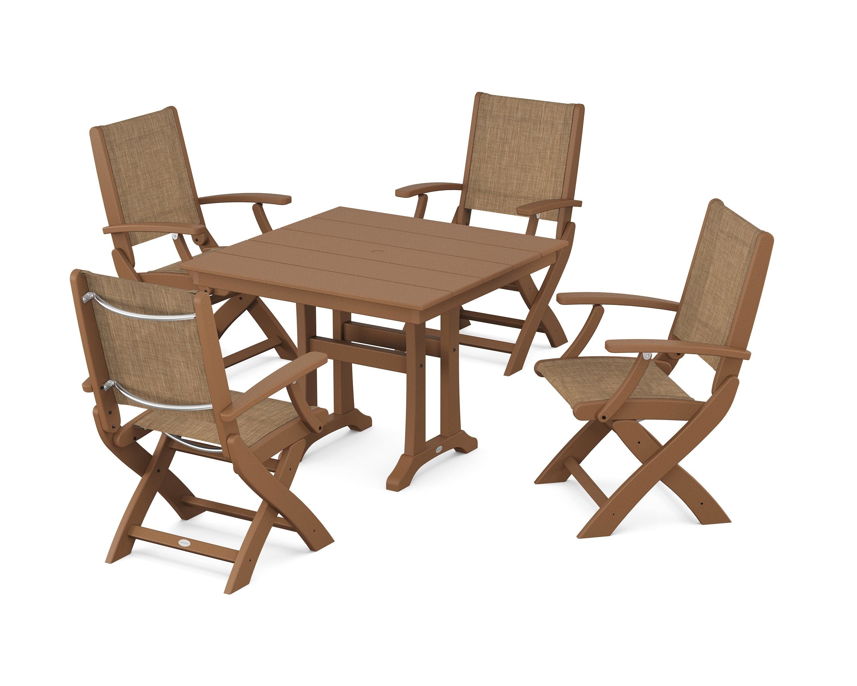 POLYWOOD Coastal Folding Chair 5-Piece Farmhouse Dining Set With Trestle Legs in Teak / Burlap Sling
