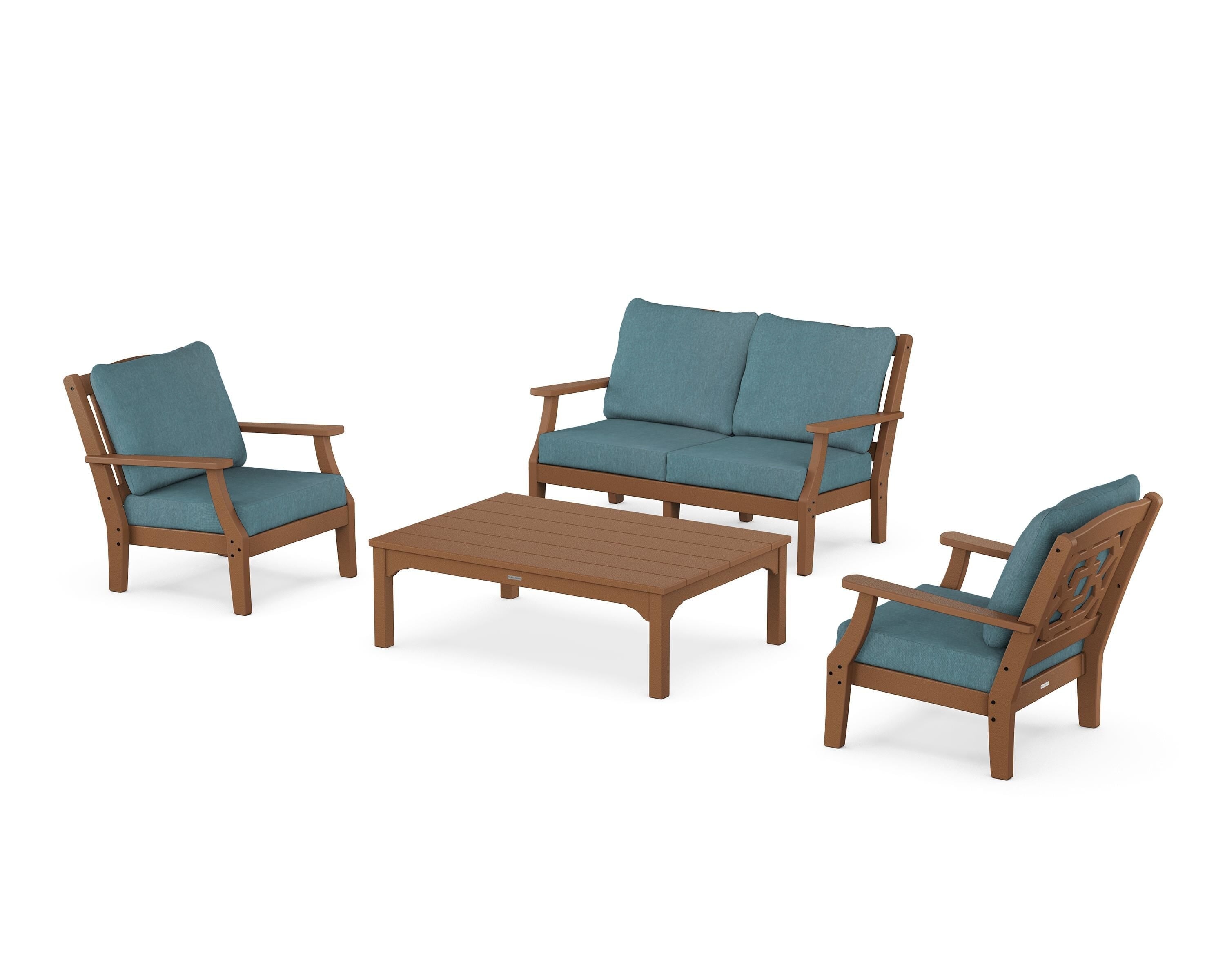 Martha Stewart by POLYWOOD Chinoiserie 4-Piece Deep Seating Set with Loveseat in Teak / Ocean Teal