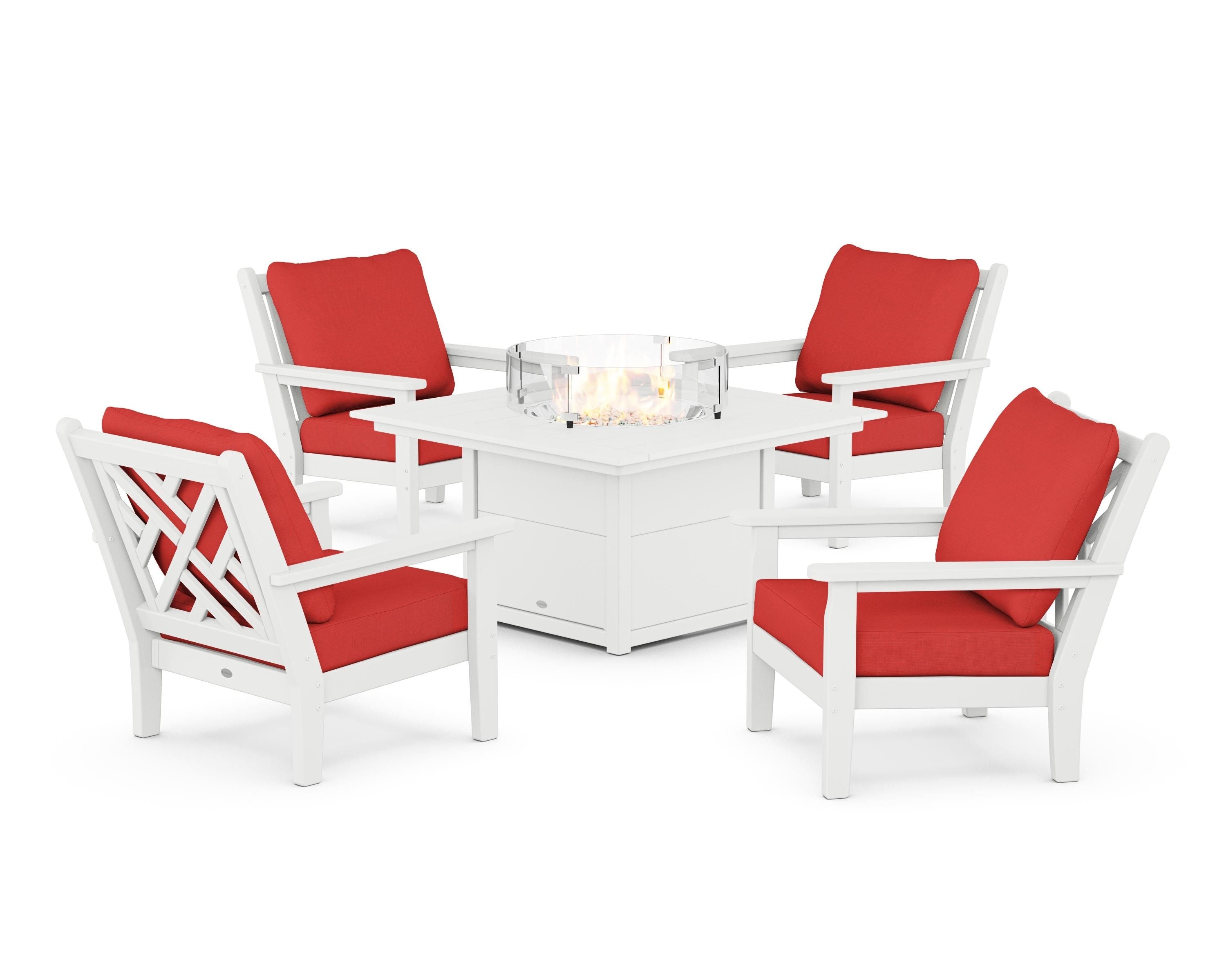 POLYWOOD Chippendale 5-Piece Deep Seating Set with Fire Pit Table in White / Crimson Linen