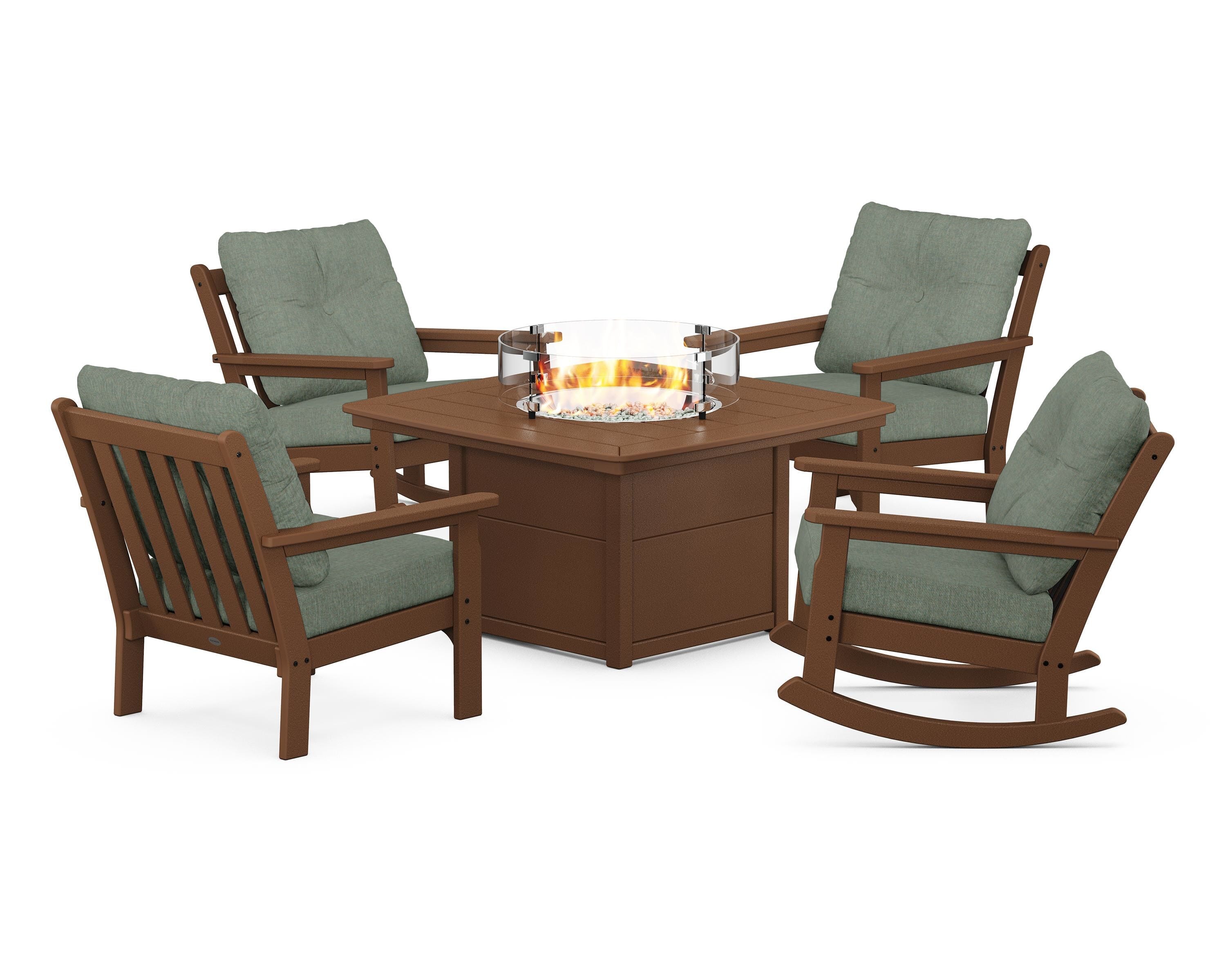 POLYWOOD Vineyard 5-Piece Deep Seating Rocking Chair Conversation Set with Fire Pit Table in Teak / Cast Sage