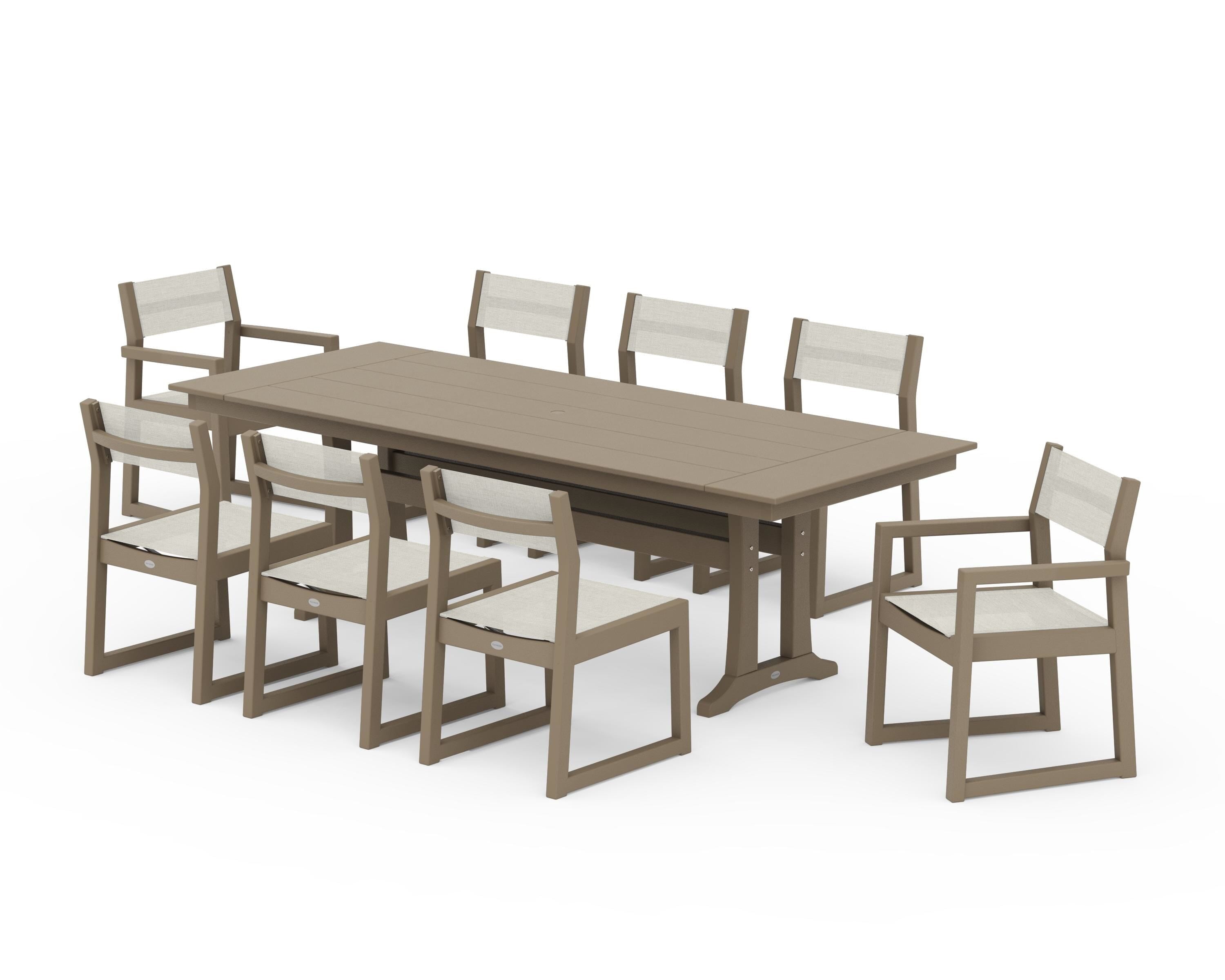 POLYWOOD EDGE Sling 9-Piece Farmhouse Trestle Dining Set in Vintage Sahara / Parchment Sling