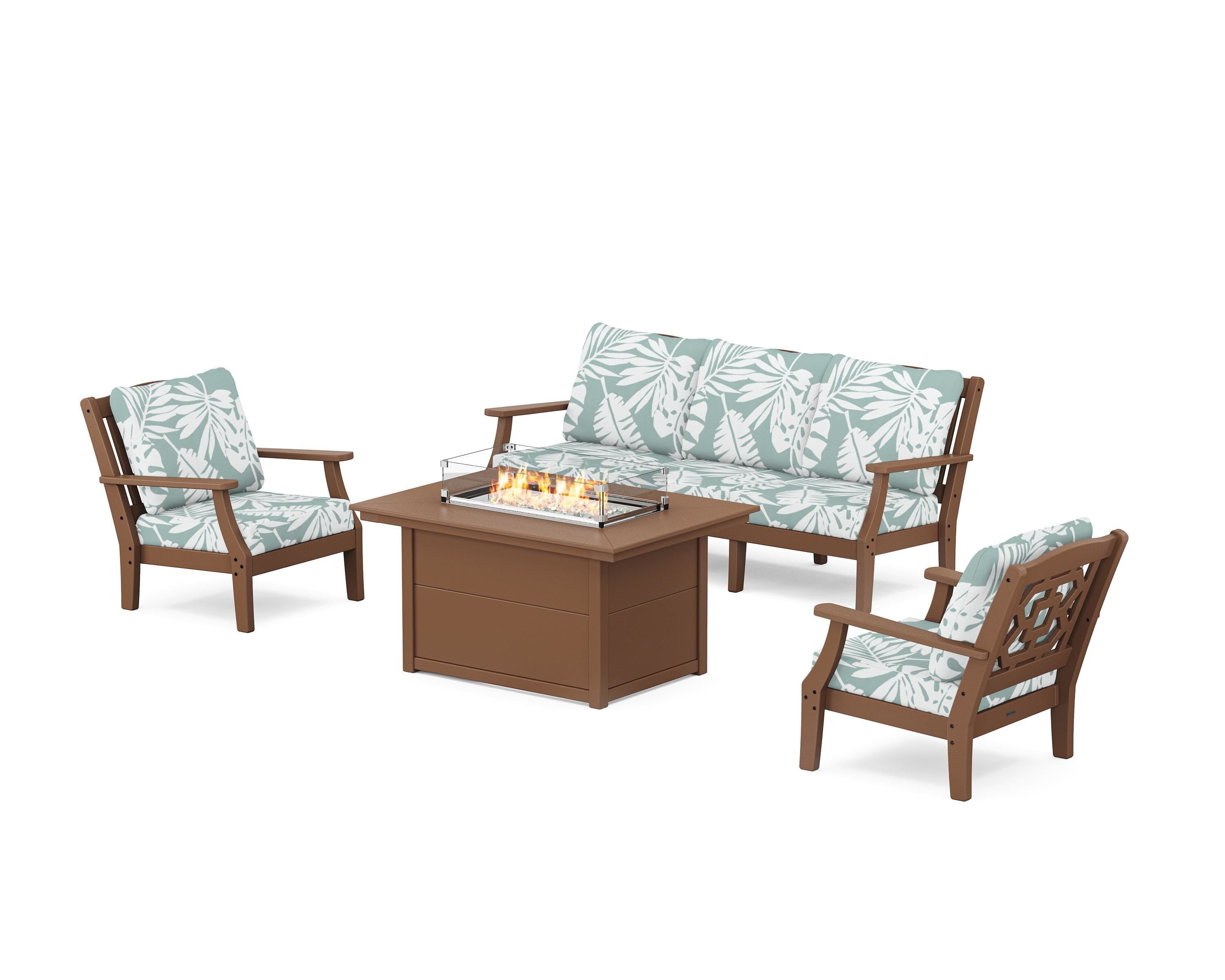 Martha Stewart by POLYWOOD Chinoiserie Deep Seating Fire Pit Table Set in Teak / Leaf Glacier Spa