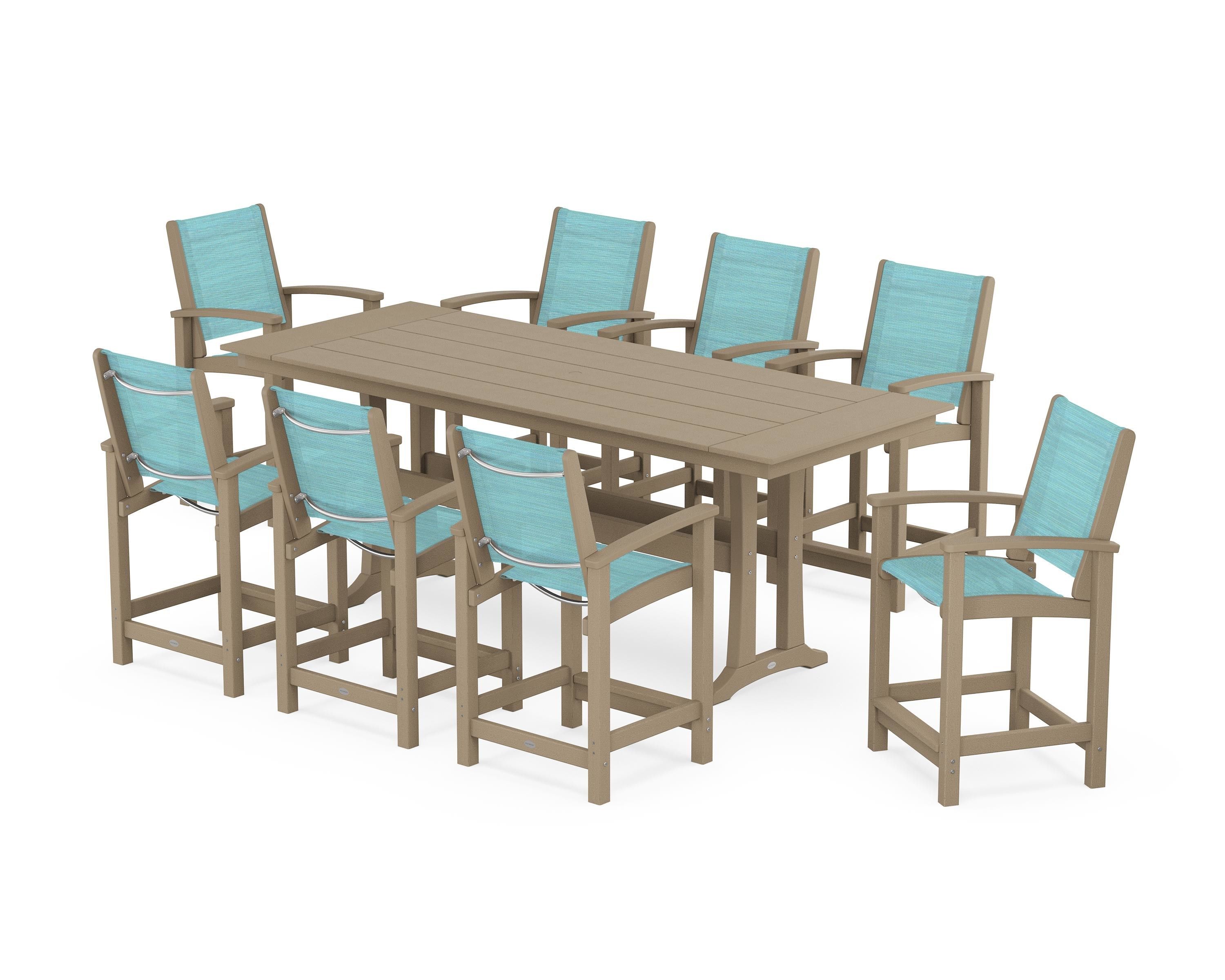 POLYWOOD Coastal 9-Piece Farmhouse Counter Set with Trestle Legs in Vintage Sahara / Dupioni Aquamarine Sling