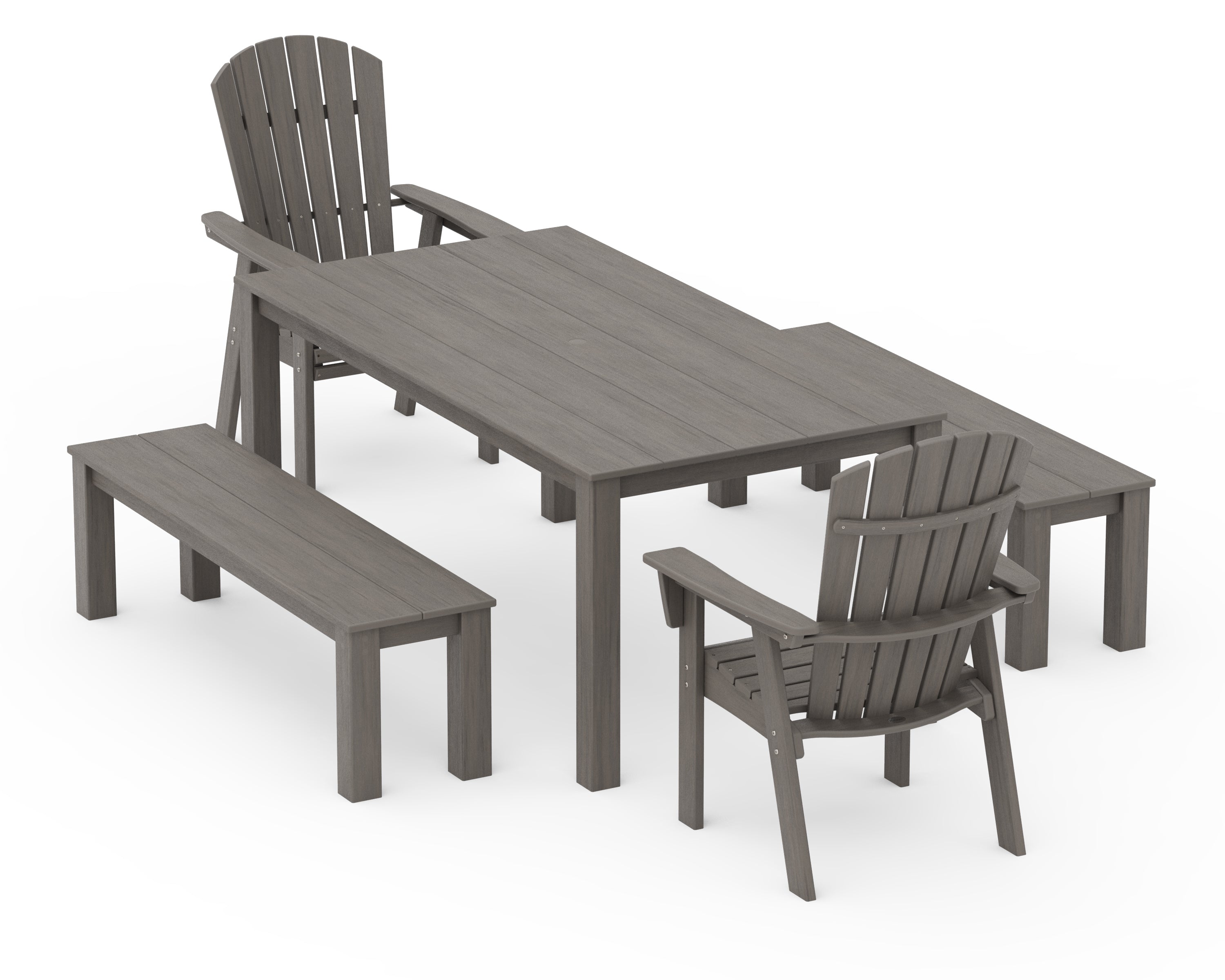 POLYWOOD Nautical Curveback Adirondack 5-Piece Parsons Dining Set with Benches in Driftwood