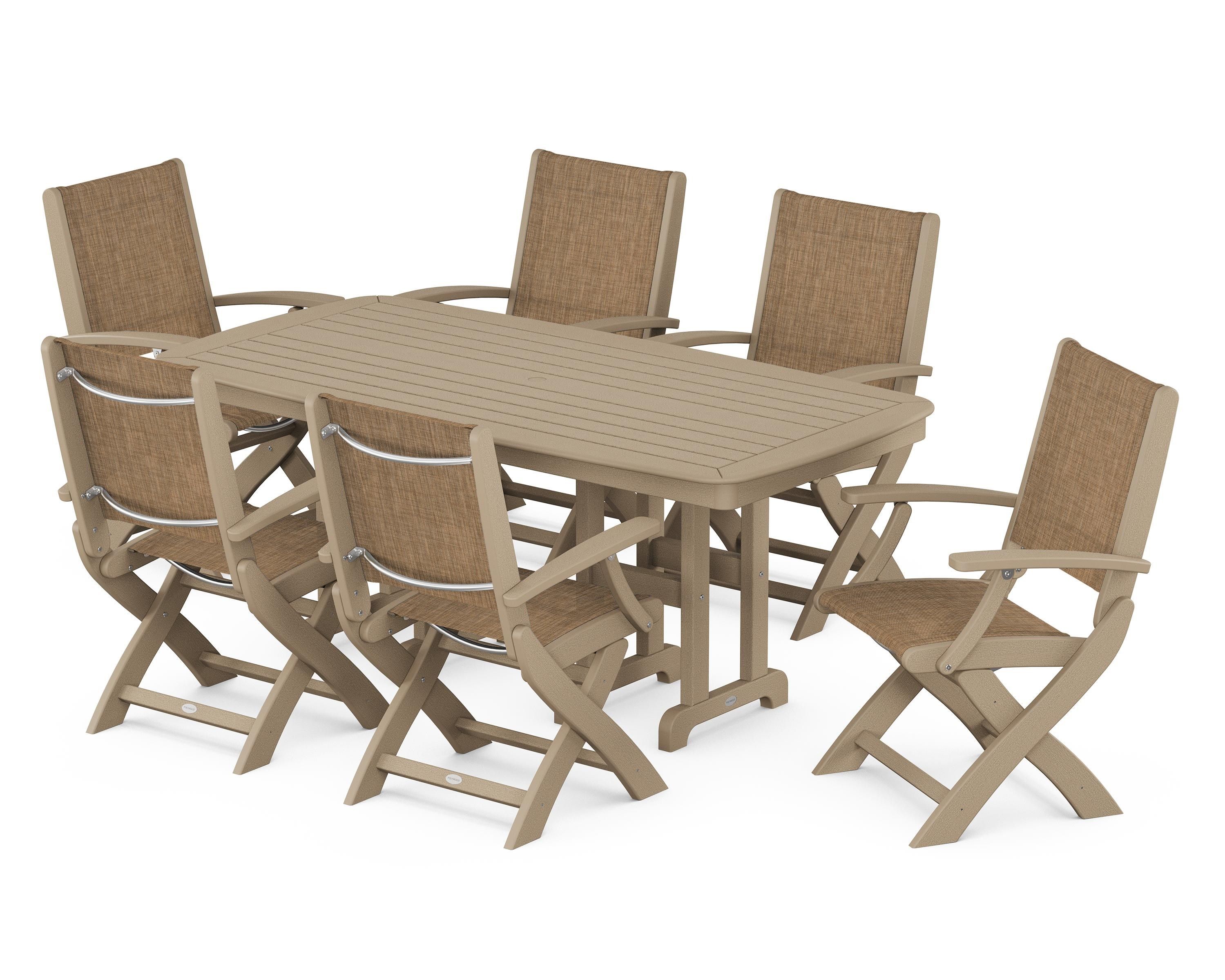 POLYWOOD Coastal Folding Arm Chair 7-Piece Dining Set in Vintage Sahara / Burlap Sling