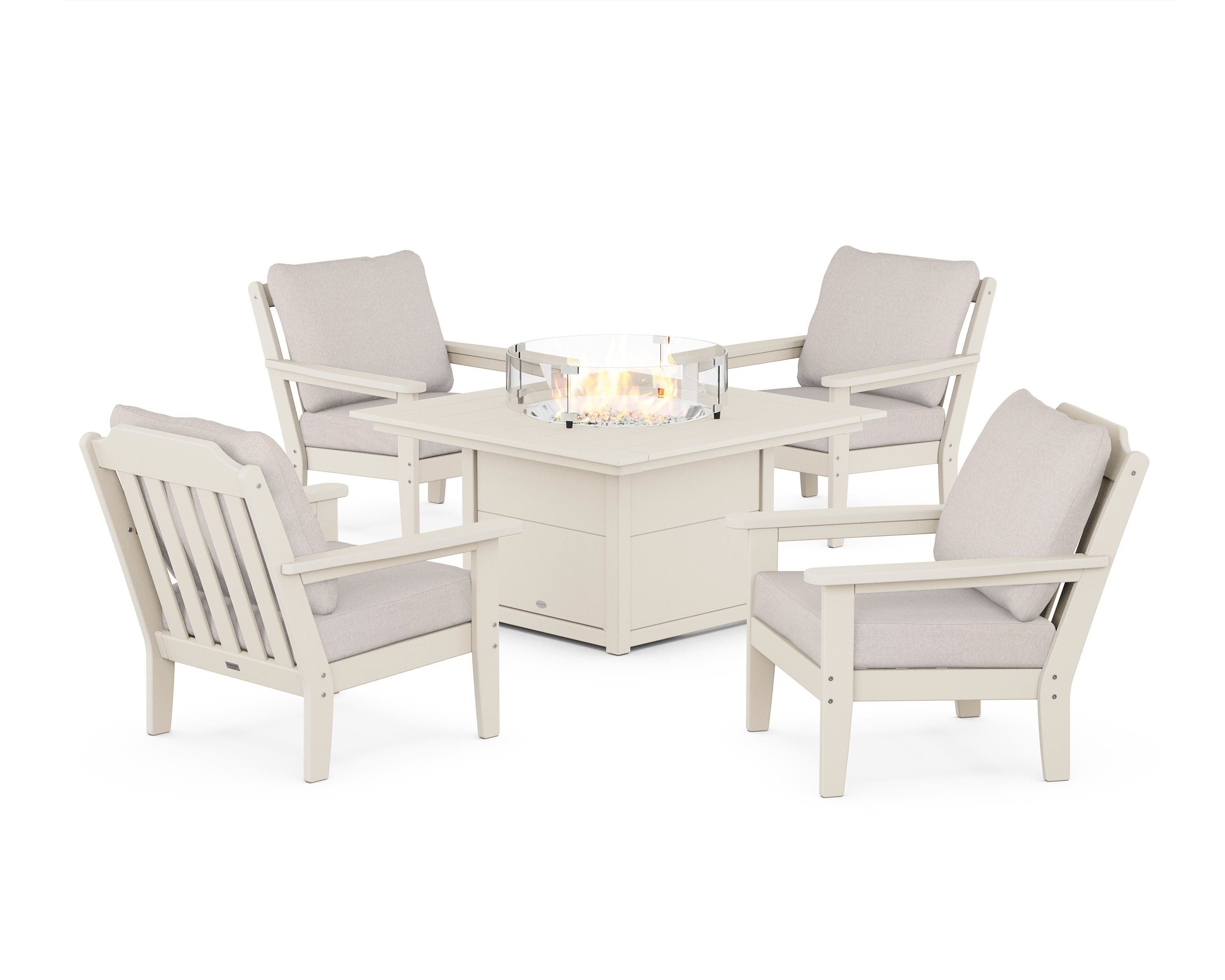 Country Living Cottage 5-Piece Deep Seating Set with Fire Pit Table in Sand / Dune Burlap