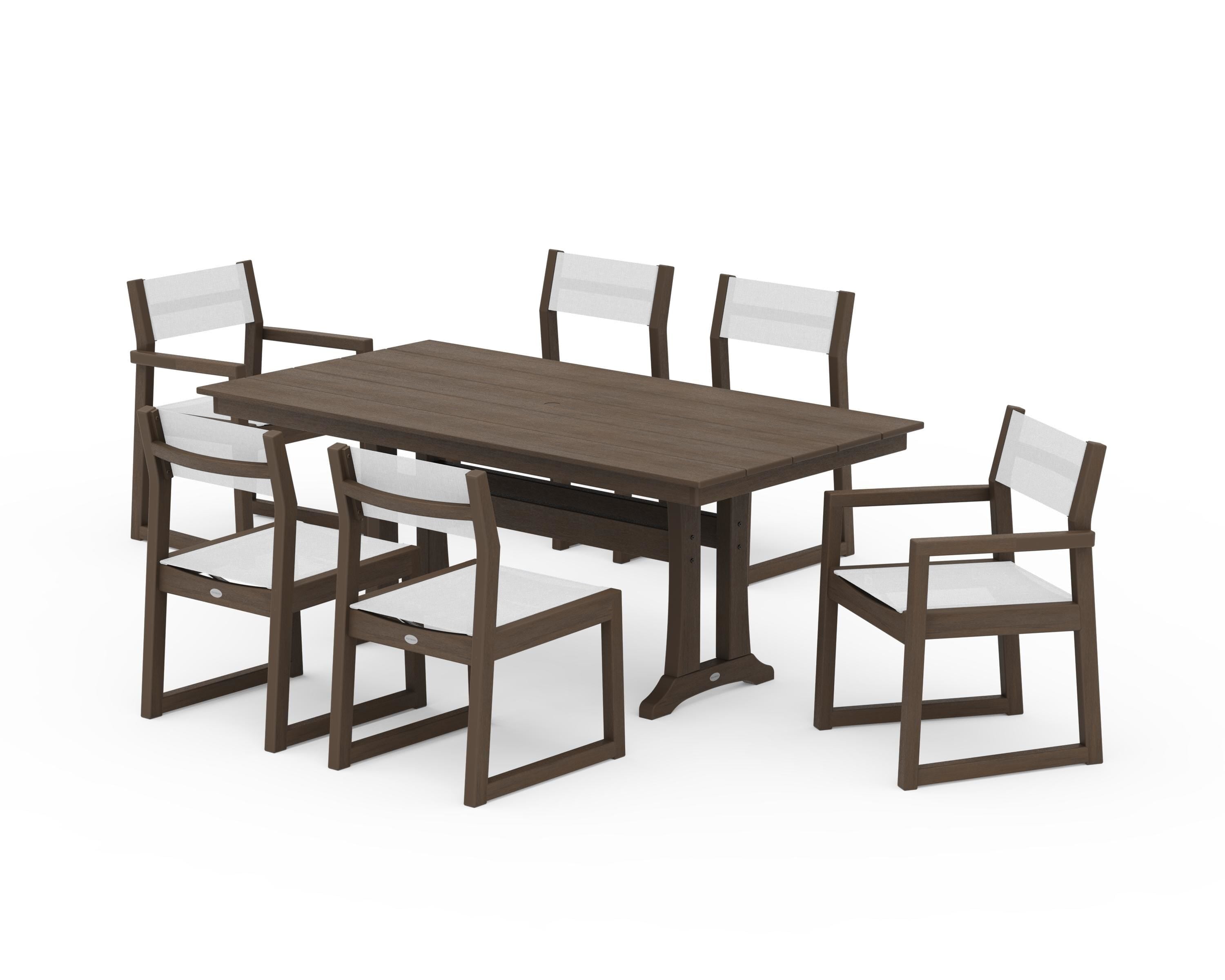 POLYWOOD EDGE Sling 7-Piece Farmhouse Trestle Dining Set in Kona / White Sling