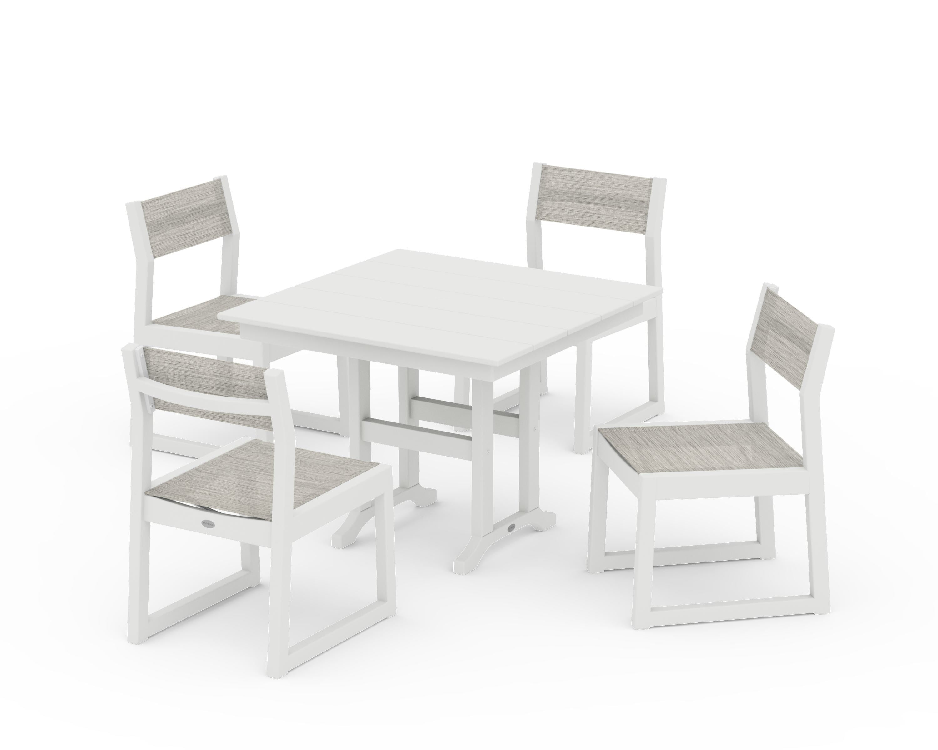 POLYWOOD EDGE Sling Side Chair 5-Piece Farmhouse Dining Set in Vintage White / Birch Sling
