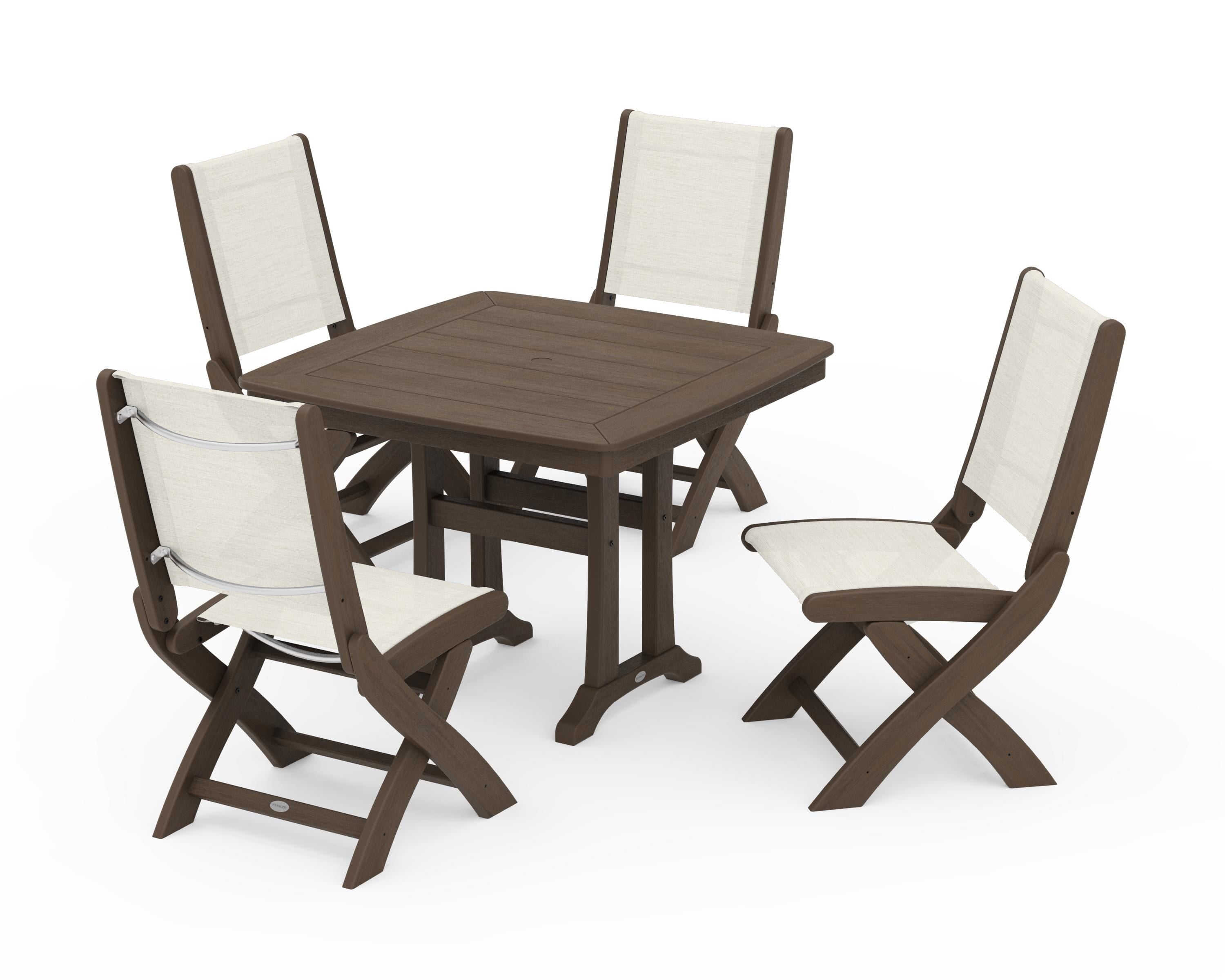 POLYWOOD Coastal Folding Side Chair 5-Piece Dining Set with Trestle Legs in Kona / Parchment Sling