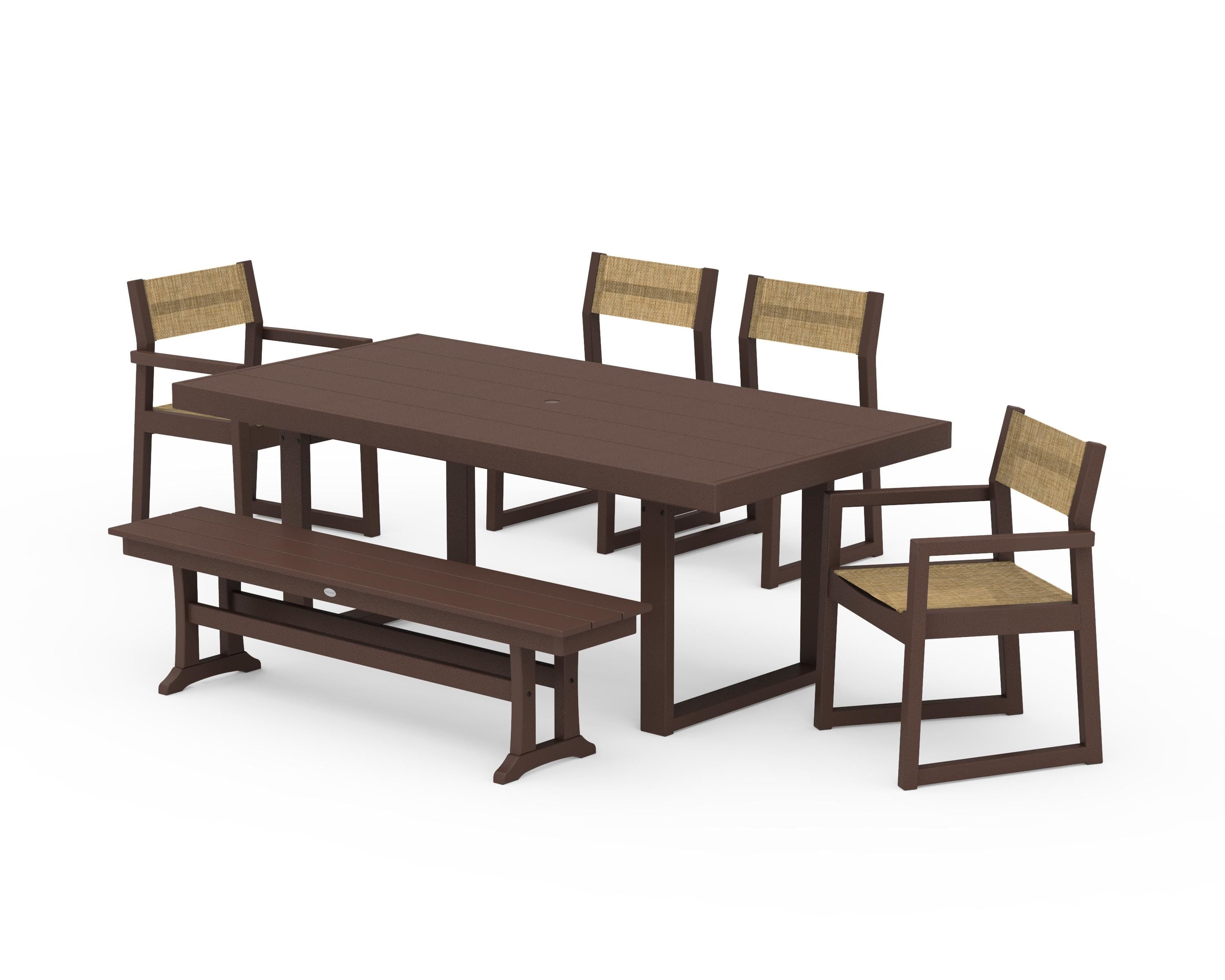 POLYWOOD EDGE Sling 6-Piece Dining Set with Bench in Mahogany / Burlap Sling