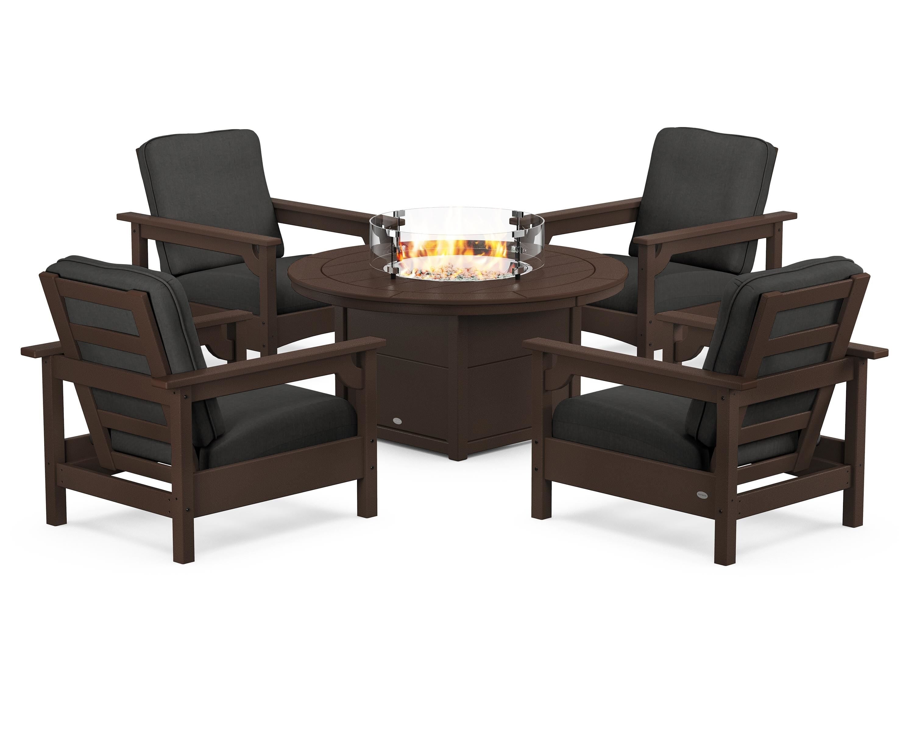 POLYWOOD Club 5-Piece Conversation Set with Fire Pit Table in Mahogany / Spectrum Carbon