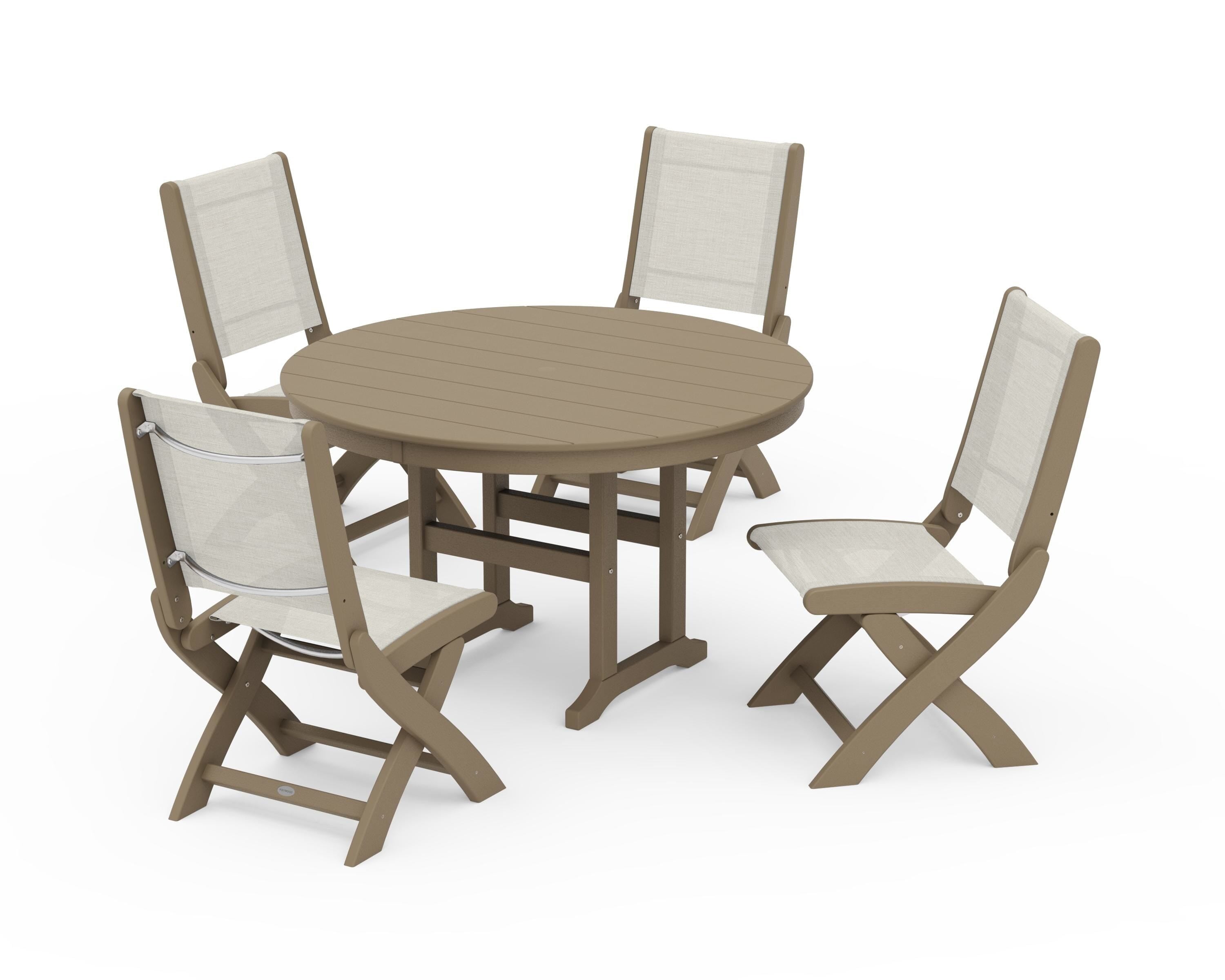 POLYWOOD Coastal Folding Side Chair 5-Piece Round Dining Set in Vintage Sahara / Parchment Sling