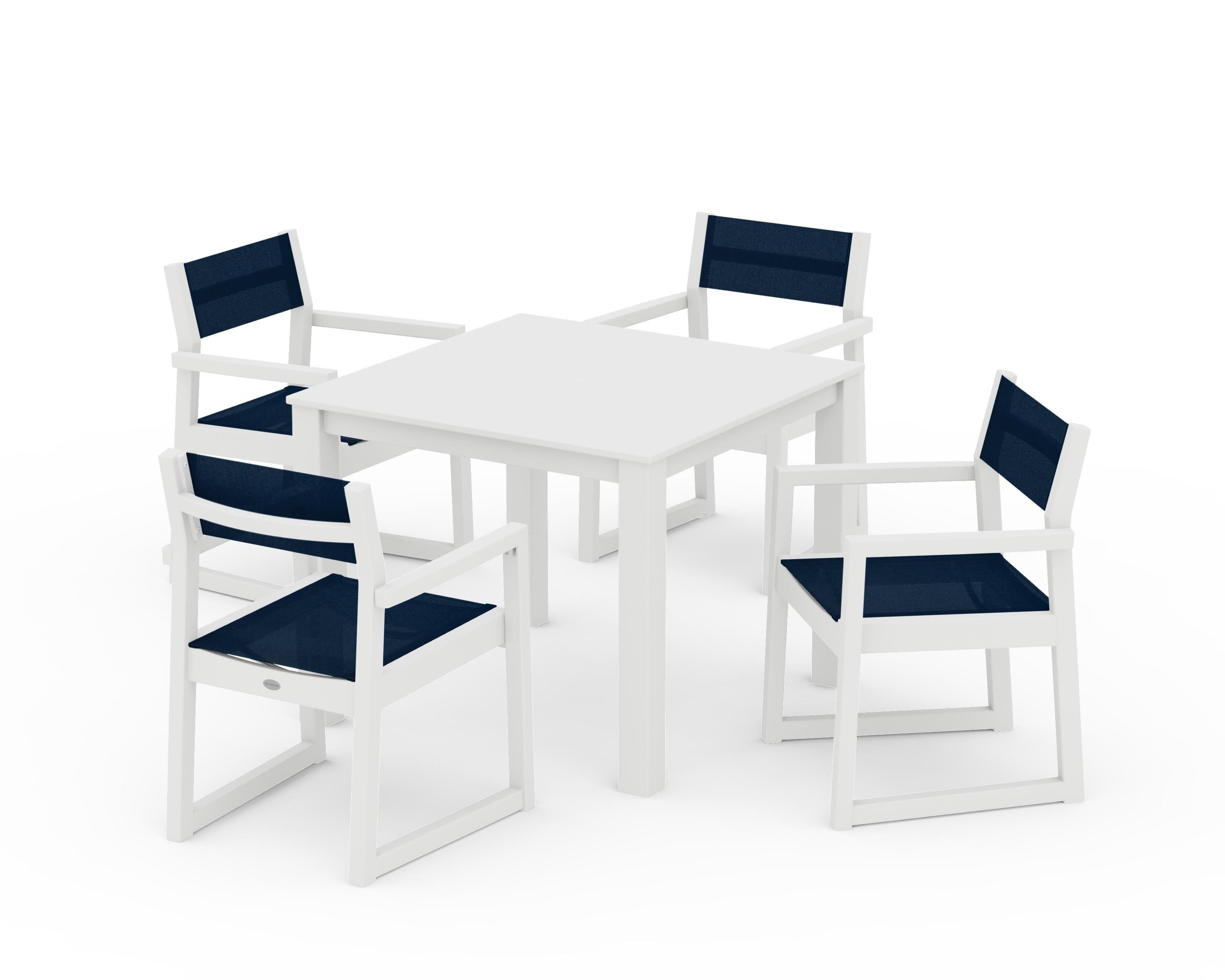 POLYWOOD EDGE Sling Arm Chair 5-Piece Parsons Dining Set in White / Navy Blue Sling