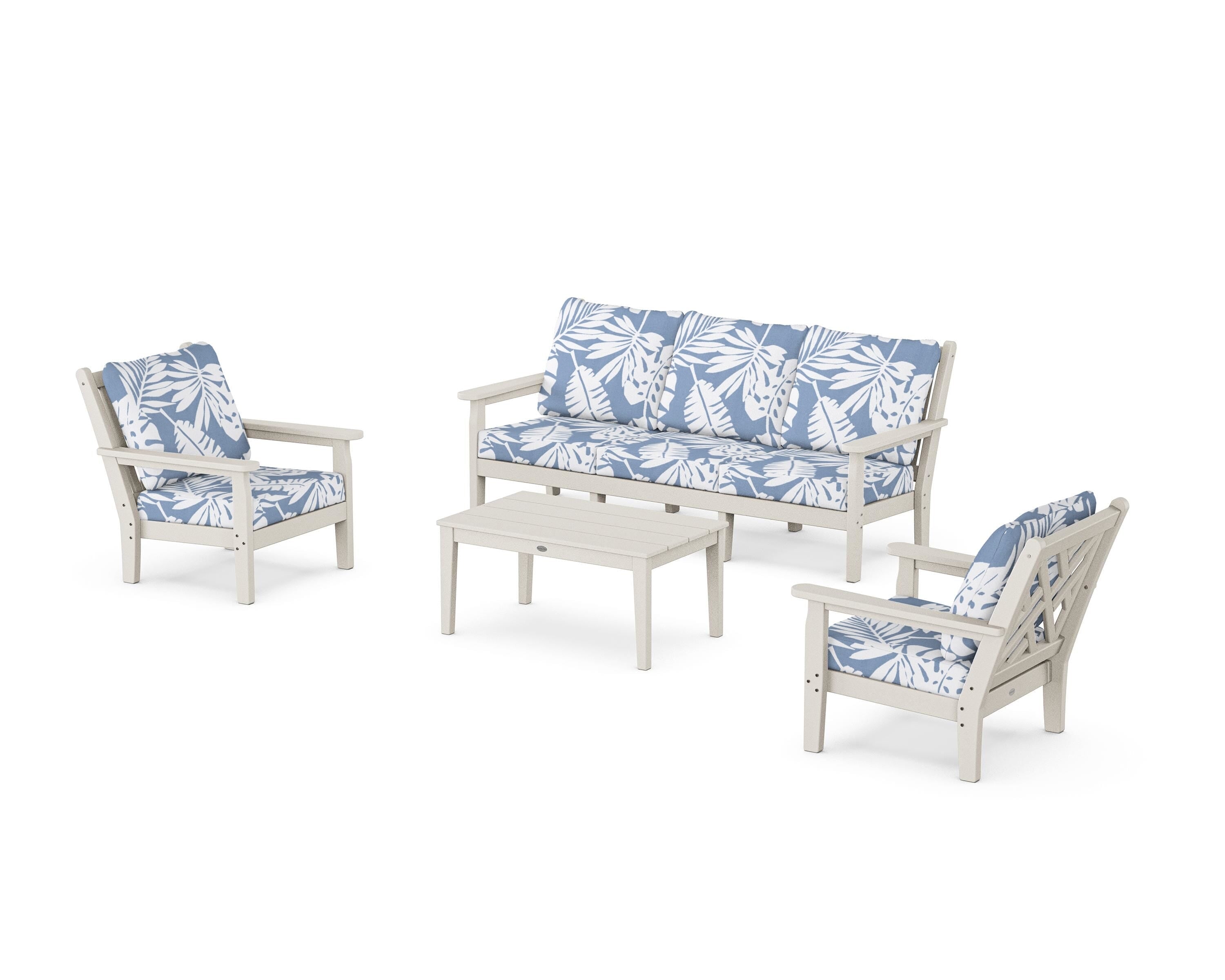 POLYWOOD Chippendale 4-Piece Deep Seating Set with Sofa in Sand / Leaf Sky Blue