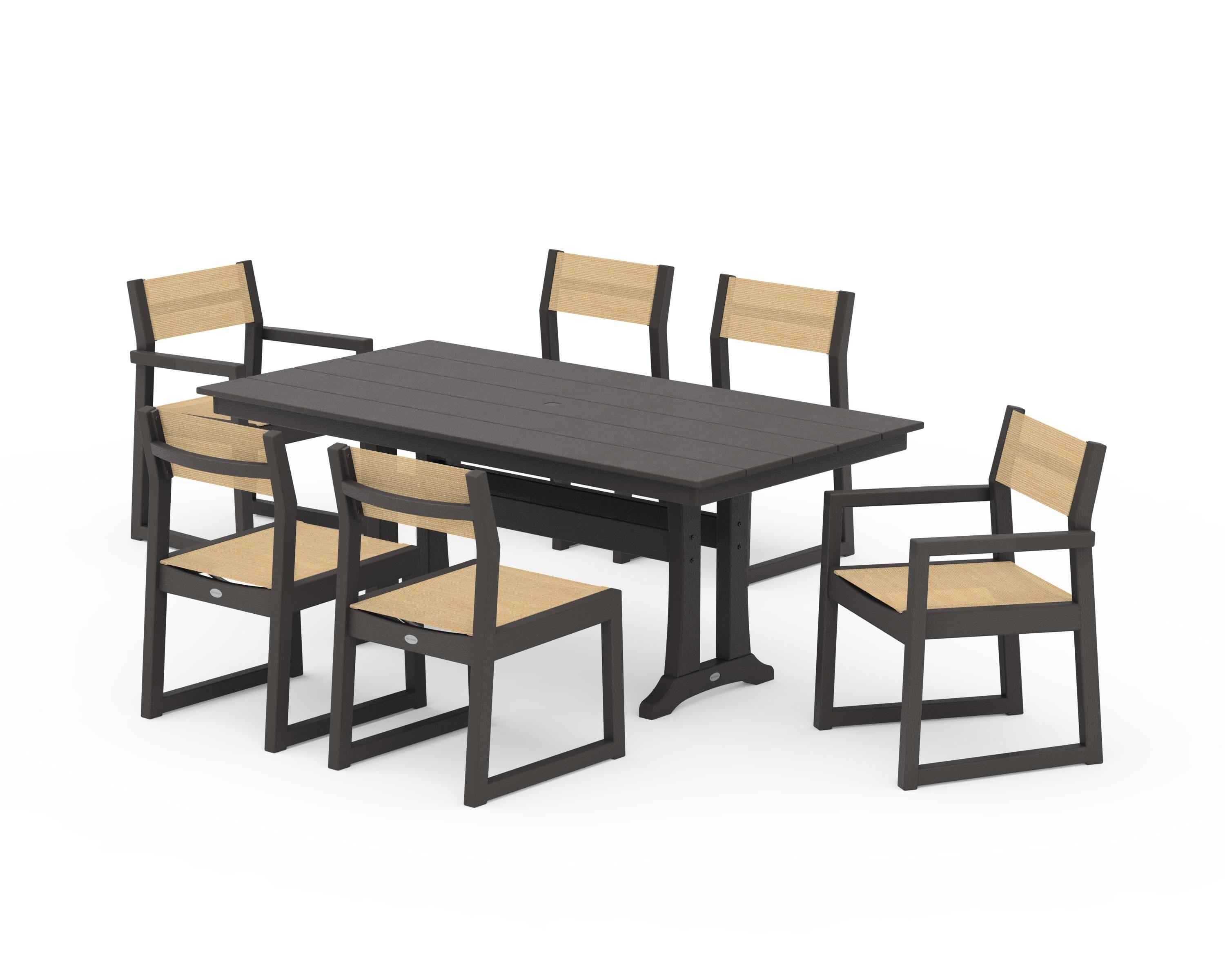 POLYWOOD EDGE Sling 7-Piece Farmhouse Trestle Dining Set in Vintage Coffee / Dupioni Apricot Sling