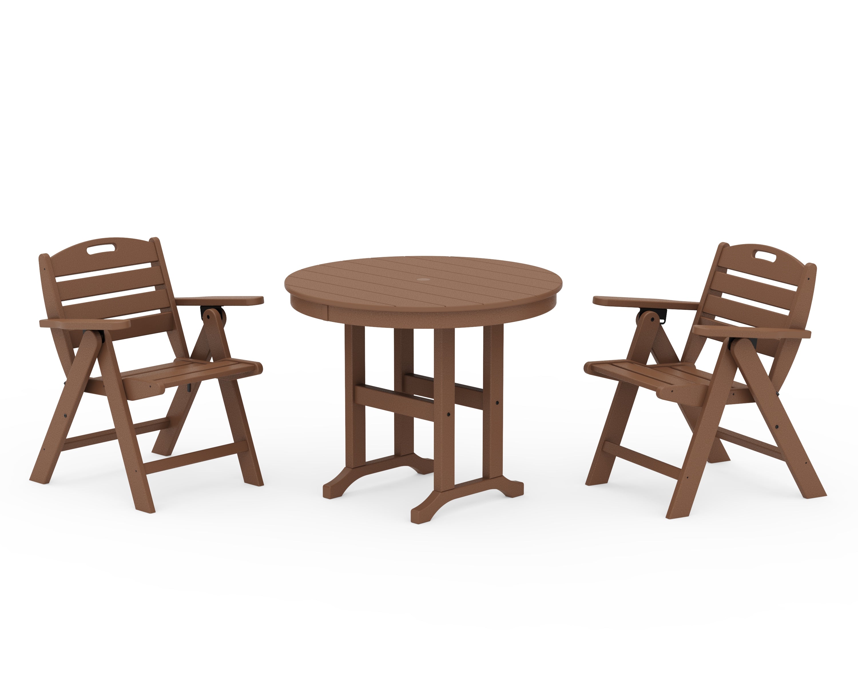 POLYWOOD Nautical Folding Lowback Chair 3-Piece Round Dining Set in Teak