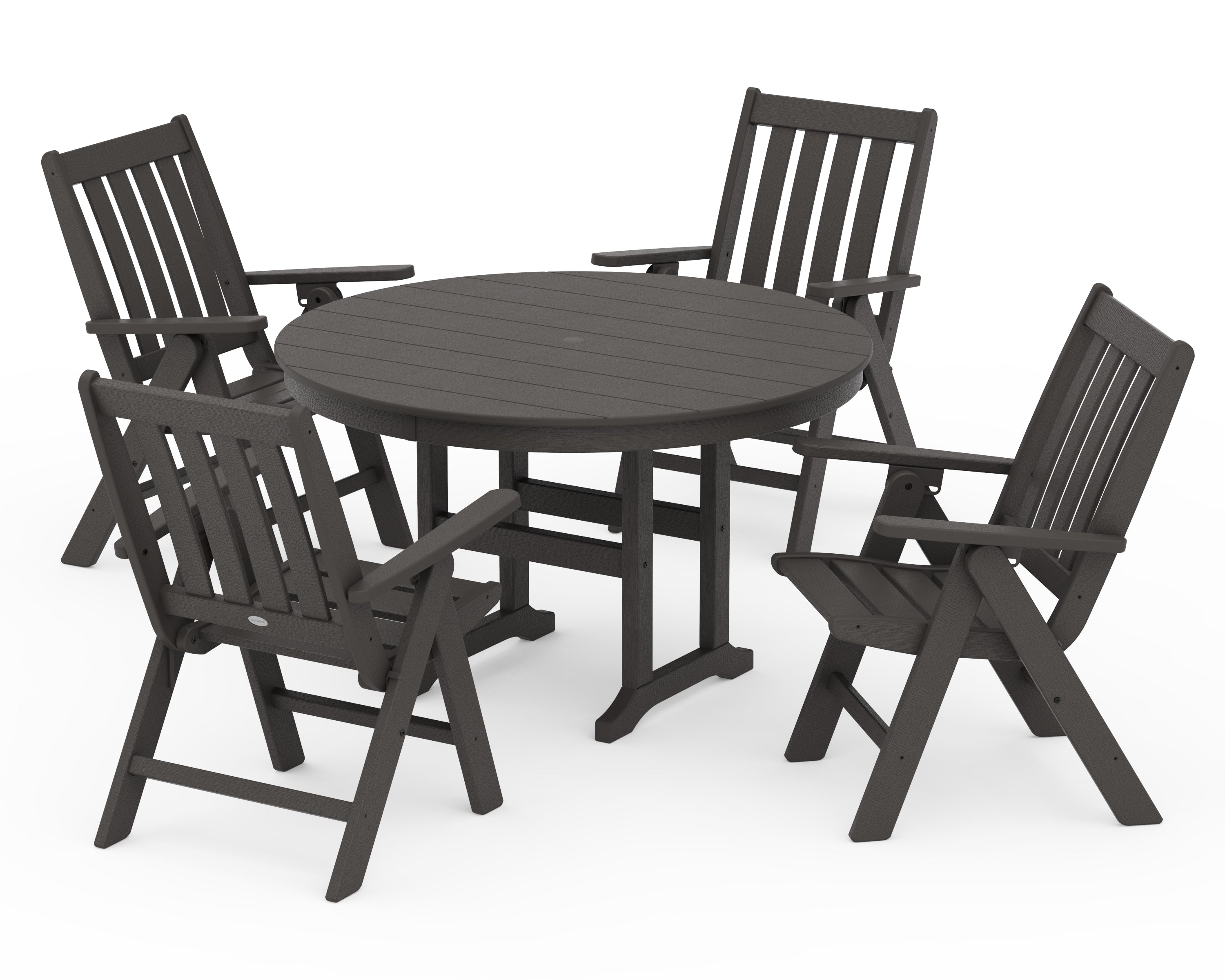 POLYWOOD Vineyard Folding Chair 5-Piece Round Farmhouse Dining Set in Vintage Coffee
