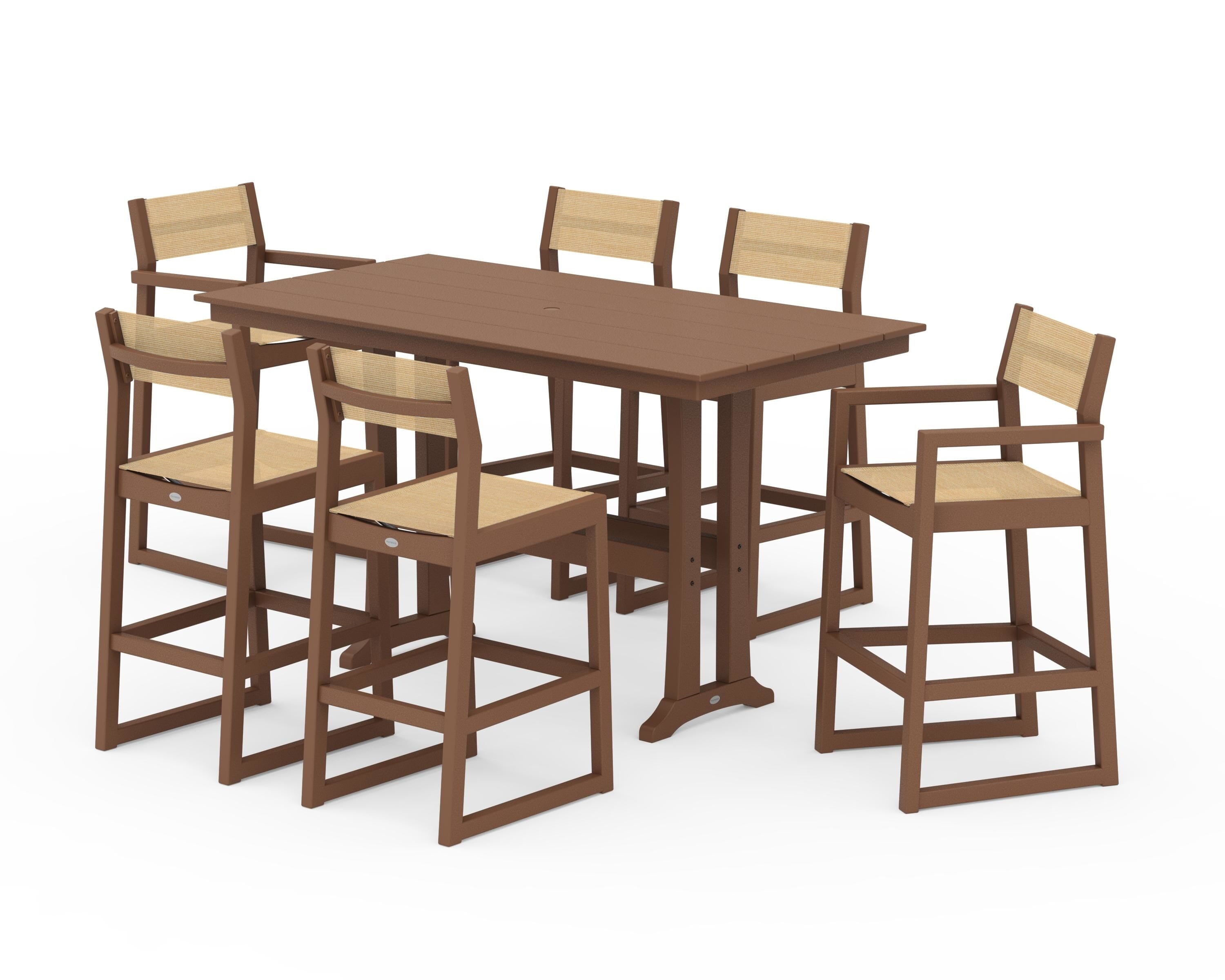 POLYWOOD EDGE Sling 7-Piece Farmhouse Bar Set with Trestle Legs in Teak / Dupioni Apricot Sling