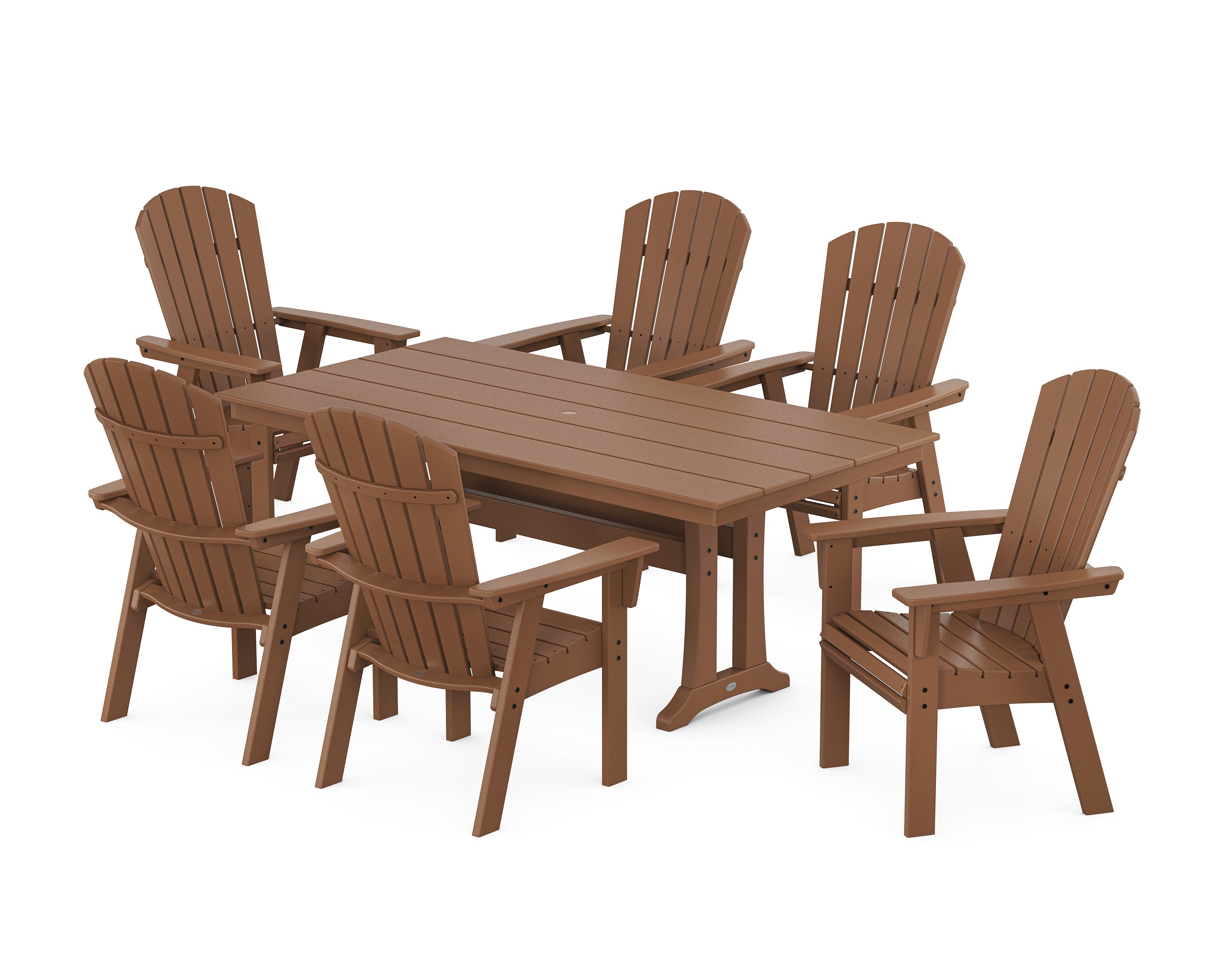 POLYWOOD Nautical Curveback Adirondack 7-Piece Farmhouse Dining Set with Trestle Legs in Teak