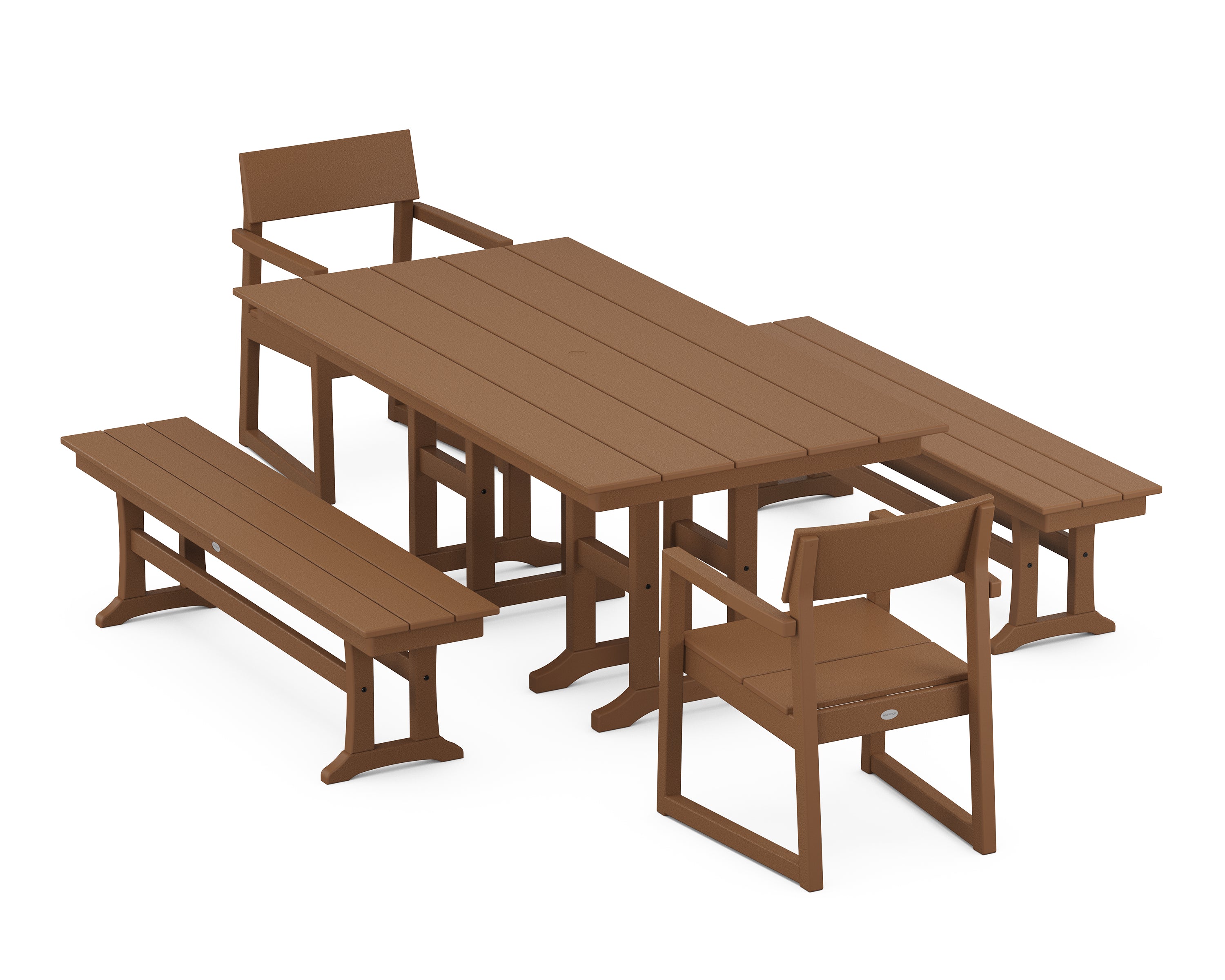 POLYWOOD® EDGE 5-Piece Farmhouse Dining Set with Benches in Teak